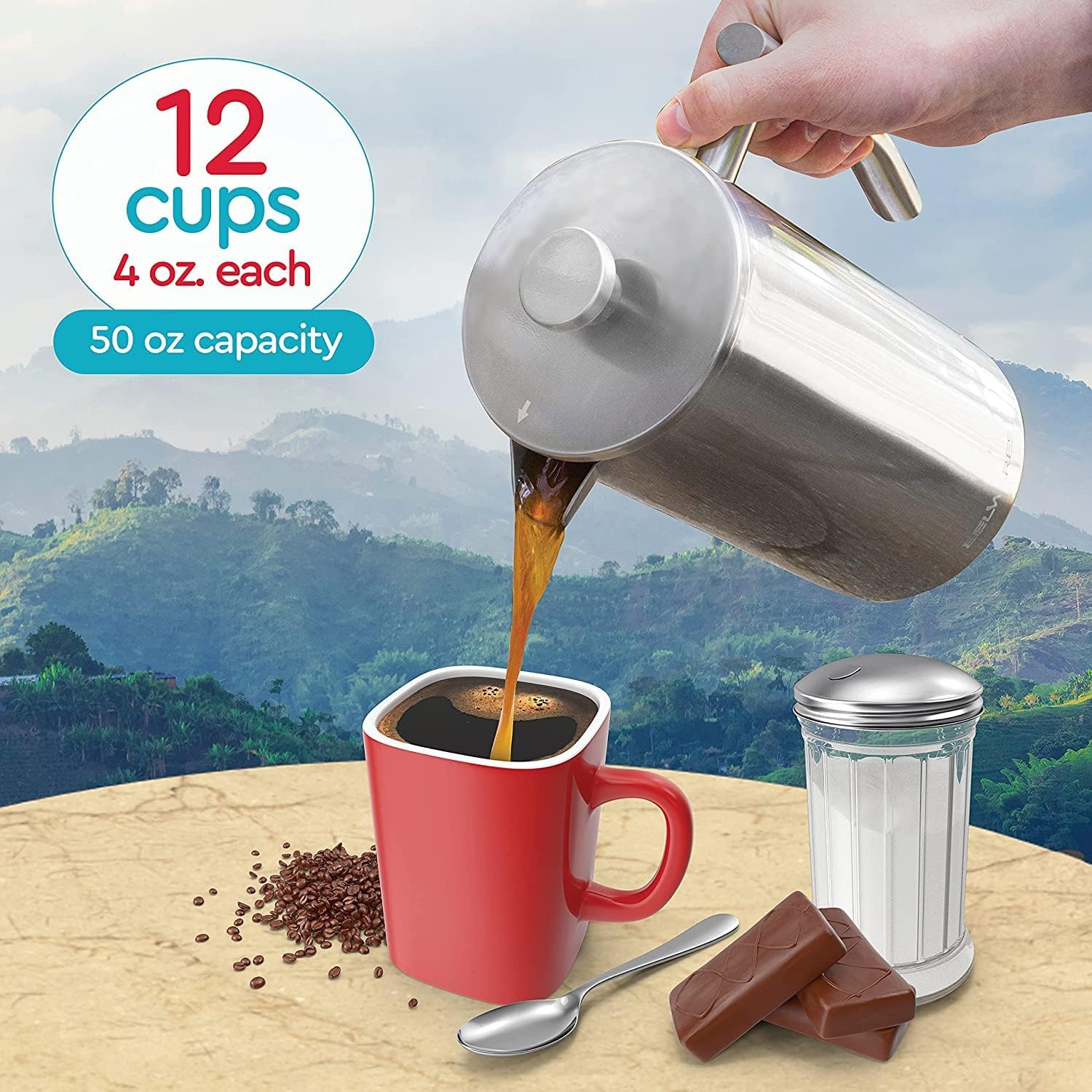 French Press Coffee Maker - 50oz Stainless Steel, Insulated Coffee Press | Large 6 Cup 50oz Capacity, Double Wall Keeps Coffee Hot, 4 Level Filter for Ground Free Coffee, 2 Extra Filters, Matte Black