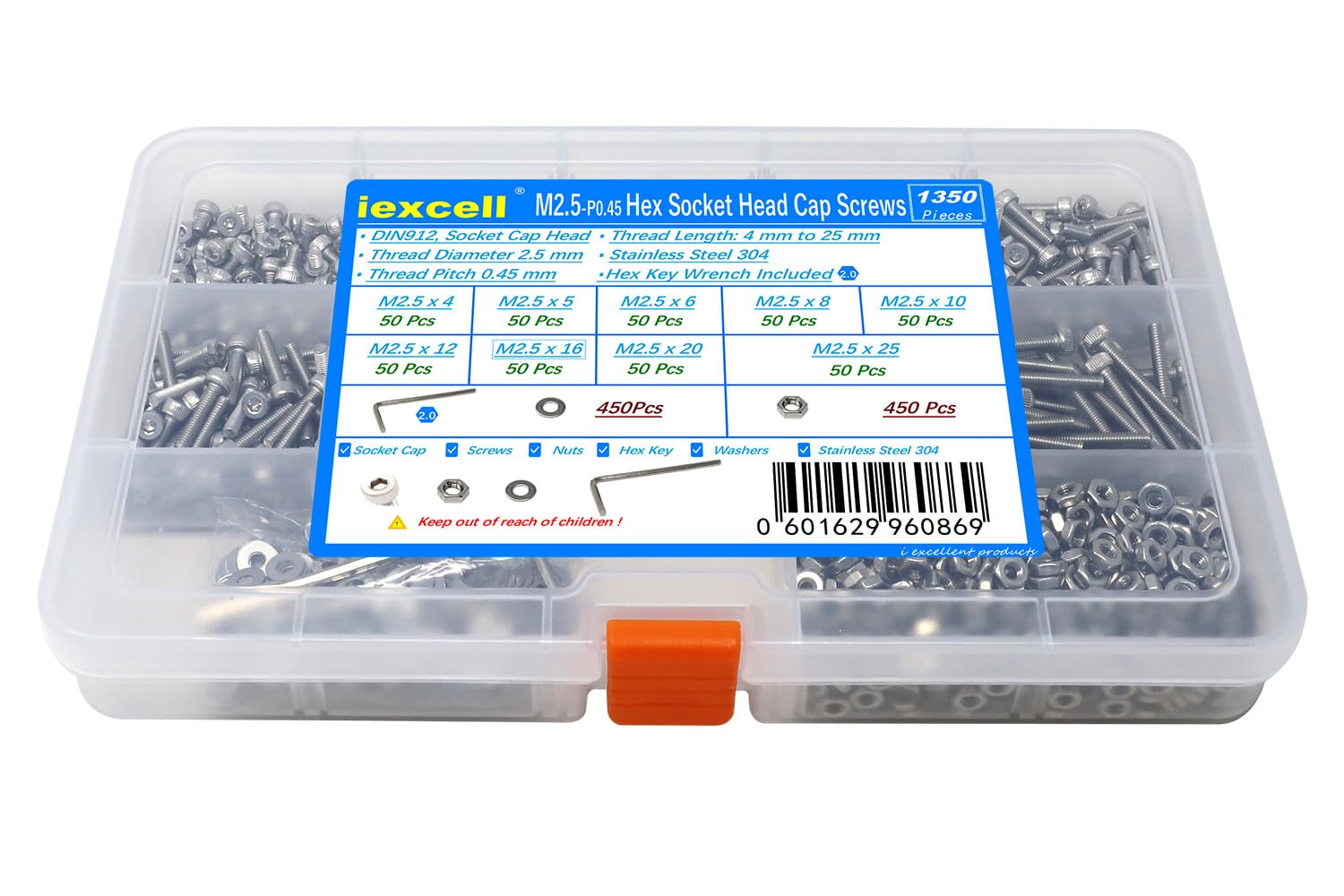 iexcell 20 Pcs M8 x 30/35/40/45/50 mm Stainless Steel 304 Hex Socket Head Cap Screws Bolts Assortment, Fully Threaded