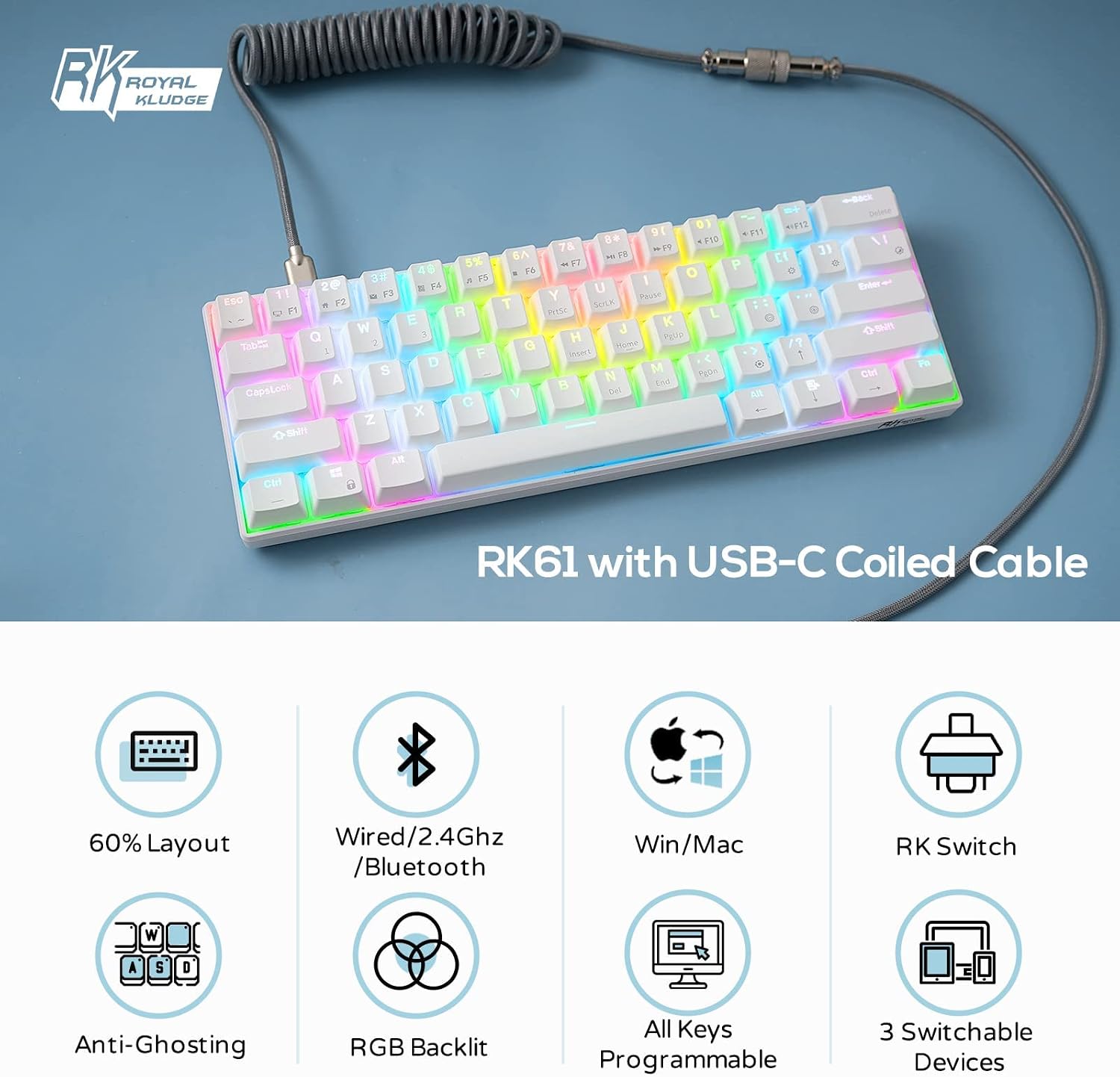 RK ROYAL KLUDGE RK61 Wireless Mechanical Keyboard, 60% Percent RGB, White | Hot Swappable Gaming Keyboard with Bluetooth/2.4G/USB, 61 Keys Ultra-Compact for Win/Mac/PC, Coiled Cable, Linear Red Switch