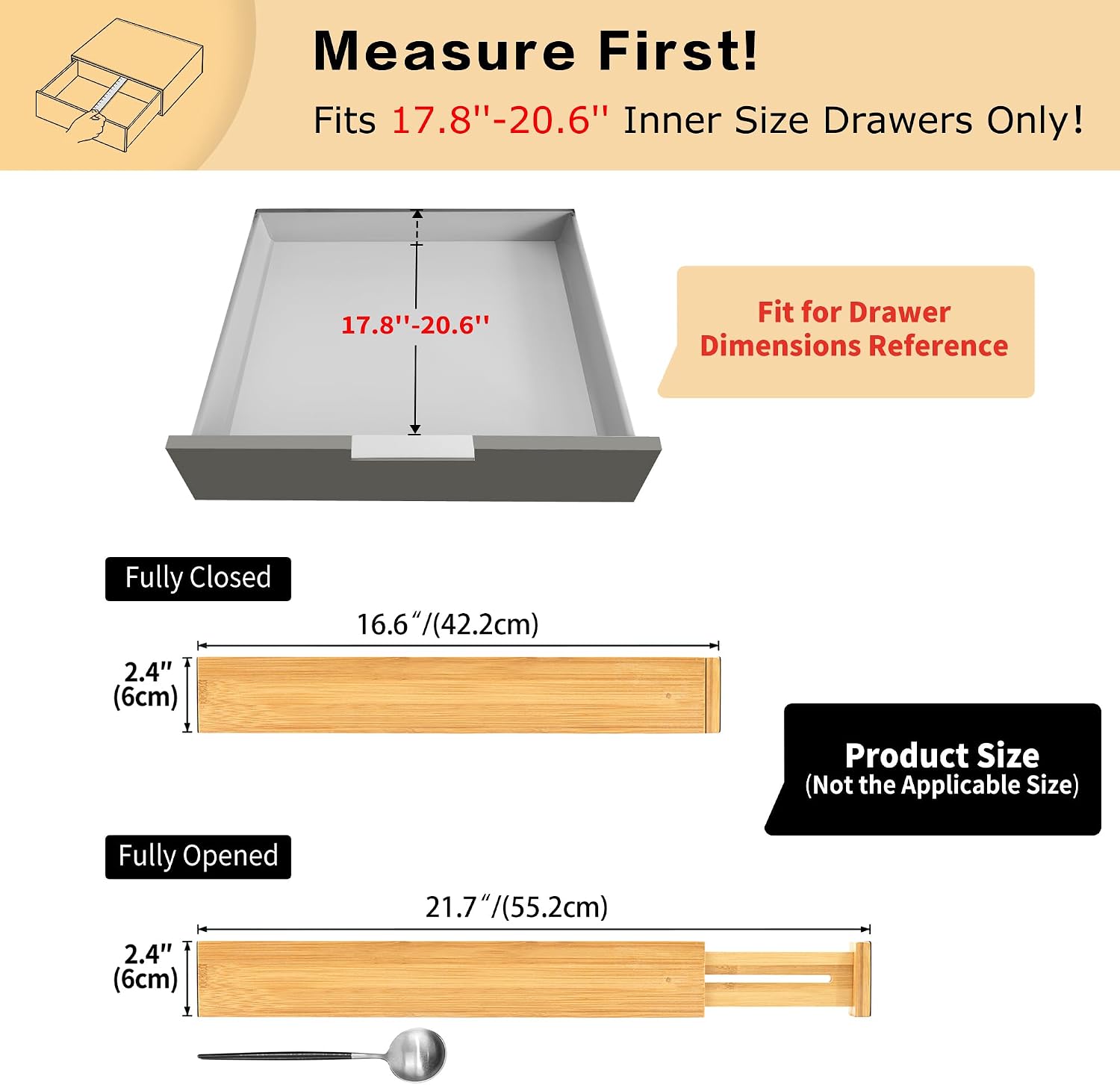 Utoplike 4 Pcs Bamboo Kitchen Drawer Dividers, Large Drawers Organizers | Adjustable Spring Loaded Expandable Organization, Works in Dresser, Bathroom, Bedroom, Office, Fit 17.8"-20.6" Drawer, 2.4"H