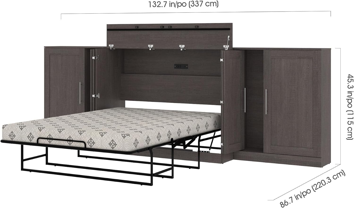 Bestar Pur Full Murphy Bed and 2 Shelving Units with Drawers, 109-inch Space-Saving Sleeping Arrangement in White | 2 Shelving Units with Drawers; supports up to 1000 lb; min. ceiling height 86.4 in.; dual piston mechanism; 10-year warranty