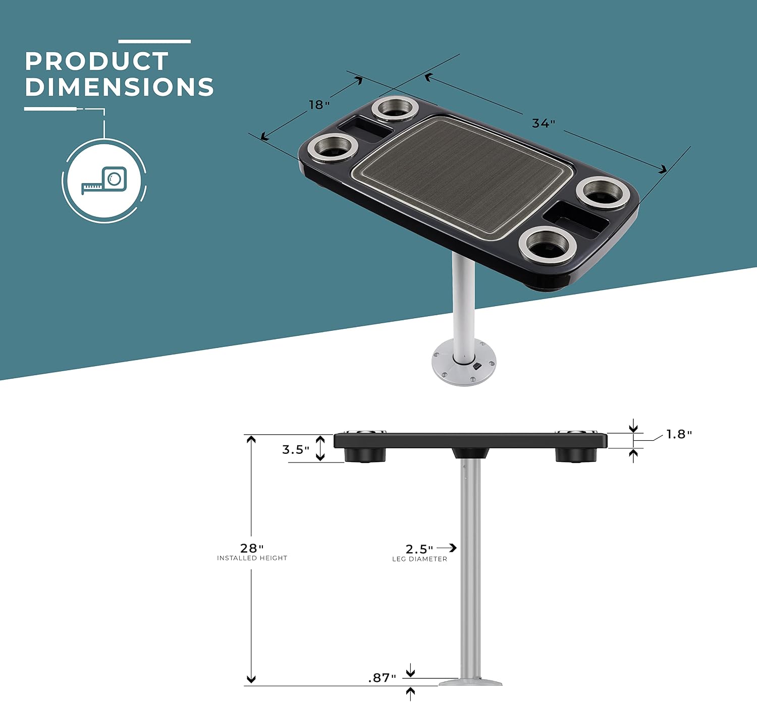 Manufacturers' Select Battery Op Lit Marine Boat Table Leg Set. Large Top with Blue LED Drink Holder. Pontoon Accessories