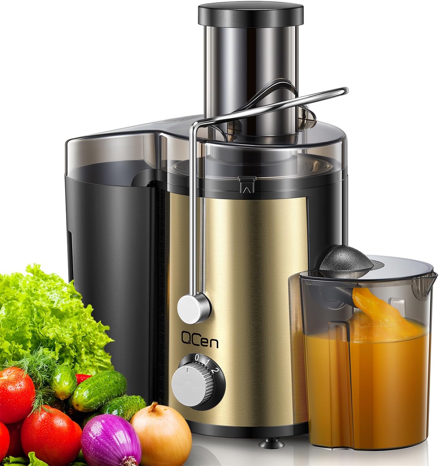 QCen Juicer Machine 500W Centrifugal Juicer with Extra Wide Feed Chute