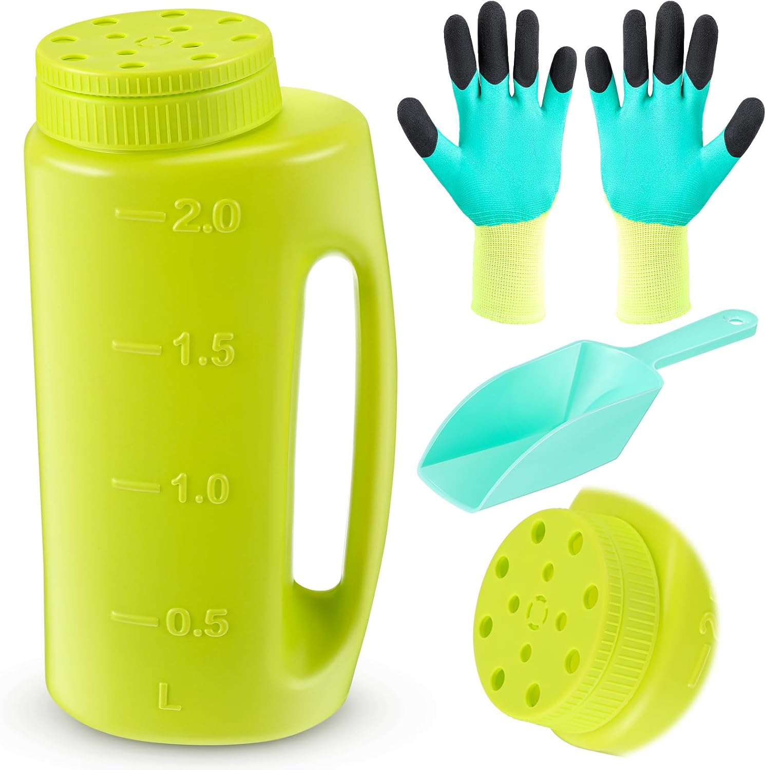 Handheld Spreader Set with Scoop & Gloves for Seed, Salt, De-icer,Green