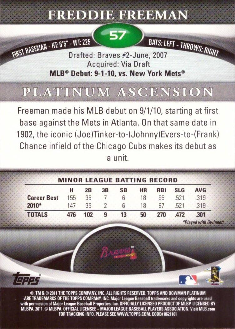 2011 Bowman Platinum Baseball #57 Freddie Freeman Rookie Card