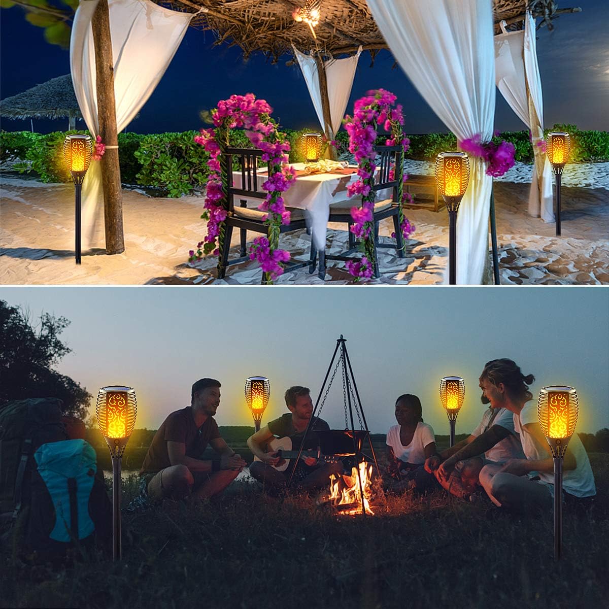 Large Size Solar Torch Light with Flickering Flame, 8 Pack | Fire Effect Garden Lights Outdoor, IP65 Waterproof Tiki Torches, Auto On/Off