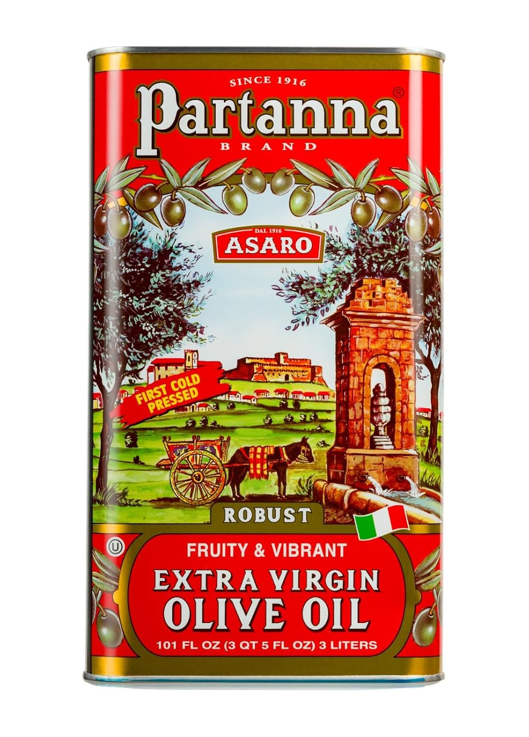 Partanna Robust Extra Virgin Olive Oil, 101 fl oz (3 L) Tin | Premium 100% Castelvetrano Oil, High Polyphenol, First Cold Pressed, Early Harvest in Sicily, Award Winning Italian EVOO