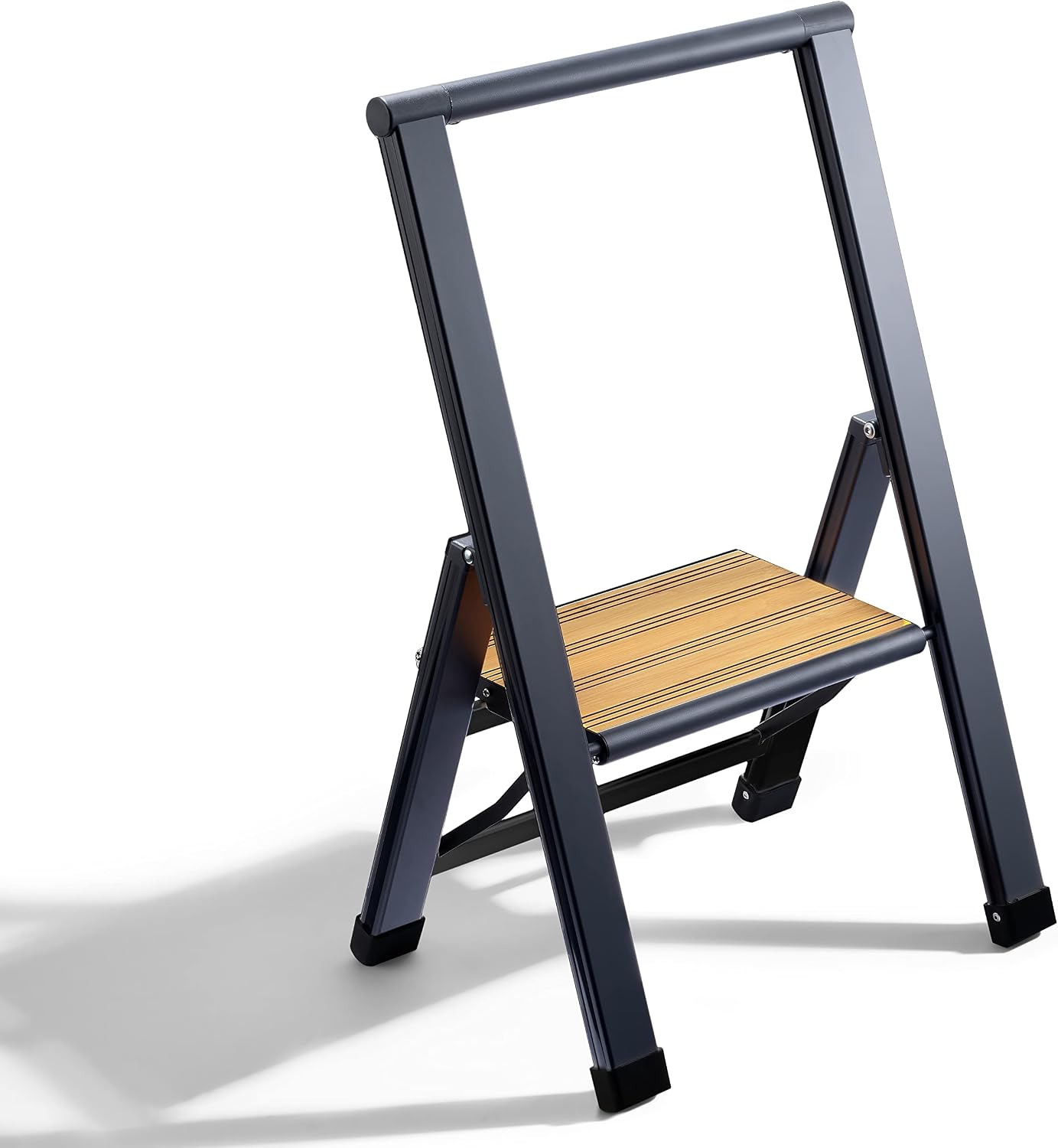 Step Ladder 2 Step Folding, Decorative - Beautiful Bamboo & Silver Aluminum, Ultra Slim Profile, Anti Slip Steps, Sturdy-Portable for Home, Office