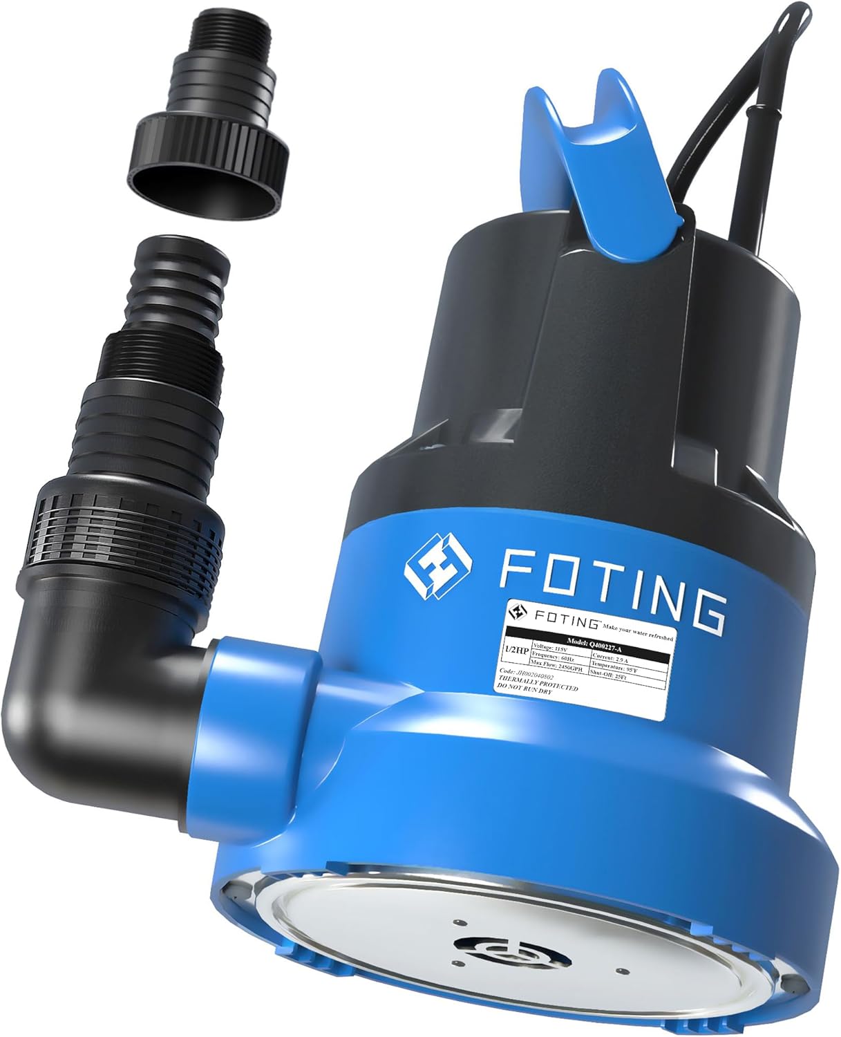 FOTING 1/2HP Submersible Water Pump with Stainless Steel Base - Removes Water to 0.04" Depth, 2450GPH Portable Sump Pump for Puddles, Pools, Boats