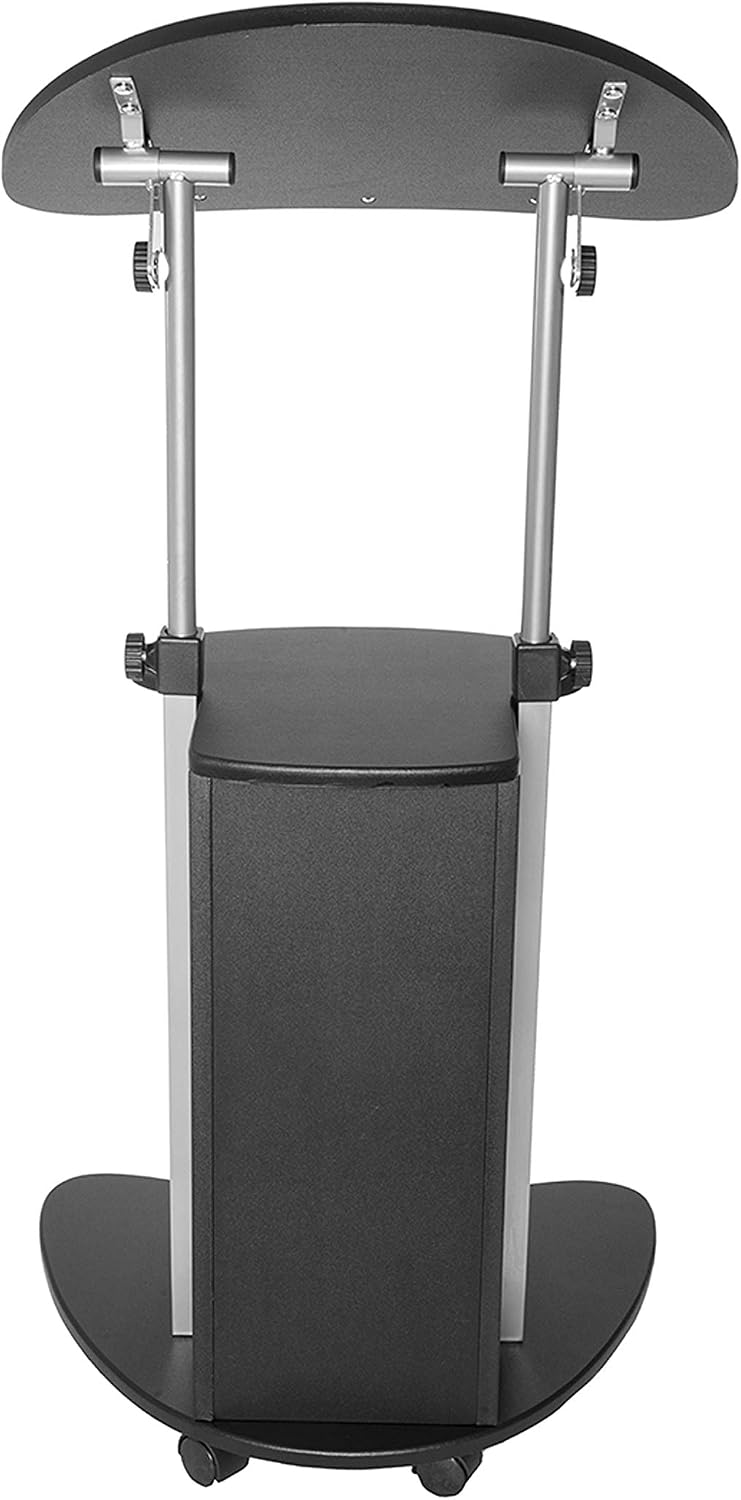 Techni Mobili Adjustable Height Rolling Laptop Cart with Storage, Graphite | Adjustable height rolling laptop cart with storage drawer, open shelf, wheels, sit‑stand design for office or medical use