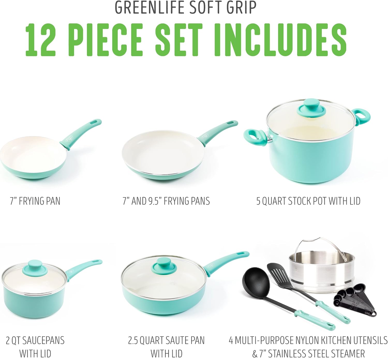 GreenLife Soft Grip Healthy Ceramic Nonstick, 15 Piece Cookware Pots and Pans Set, Induction, PFAS-Free, Dishwasher Safe, Turquoise