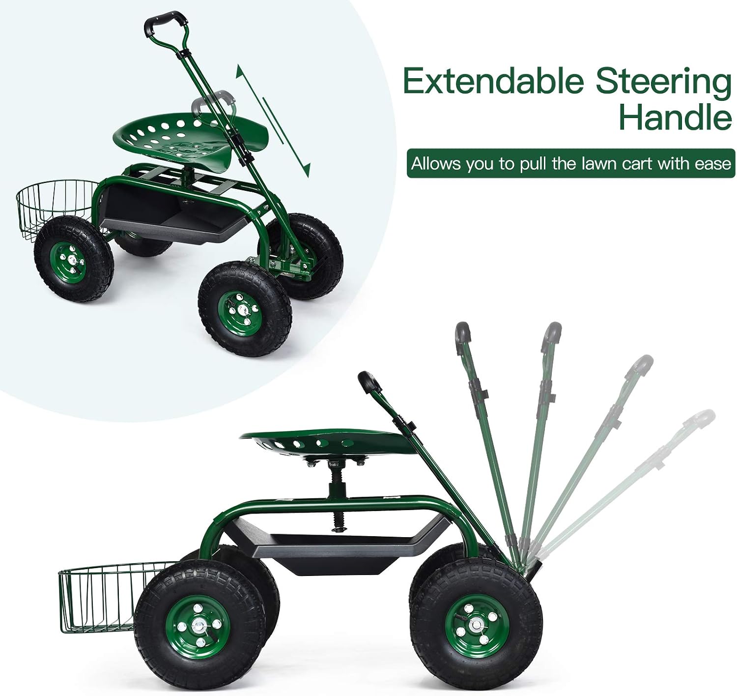Giantex Rolling Garden Cart with Seat, 4-Wheel Gardening Workseat with Storage Basket, Swivel Stool Adjustable Seat, Steering Handle