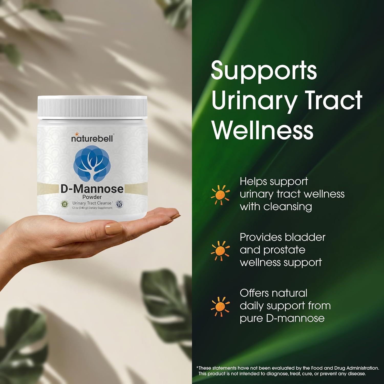 NatureBell D-Mannose Powder - 12oz - High Potency 2g Per Scoop - Fast Acting Support for Healthy Urinary Function & Bladder Wellness* - Pure