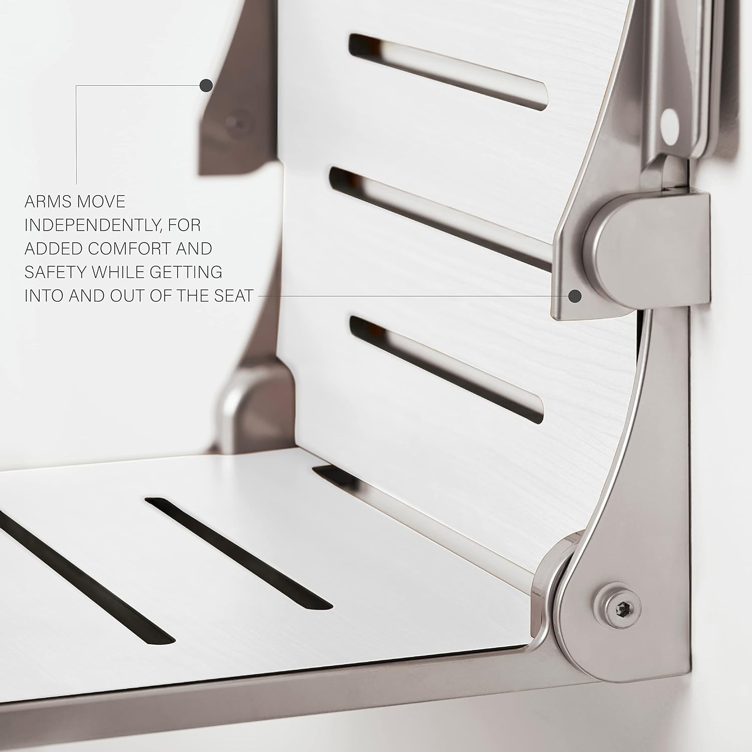 Seachrome Silhouette Comfort Folding Wall Mount Shower Bench Seat with Arms, Teak Seat with Silver Frame