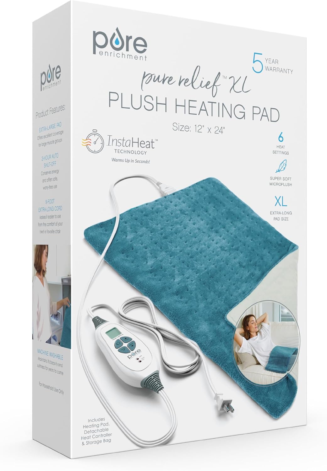 Pure Enrichment® PureRelief® XL Heating Pad - 12" x 24" Electric Heating Pad for Back Pain & Cramps, 6 Heat Settings, Soft Machine Wash Fabric, Auto-Off & Moist Heat (Charcoal Gray)