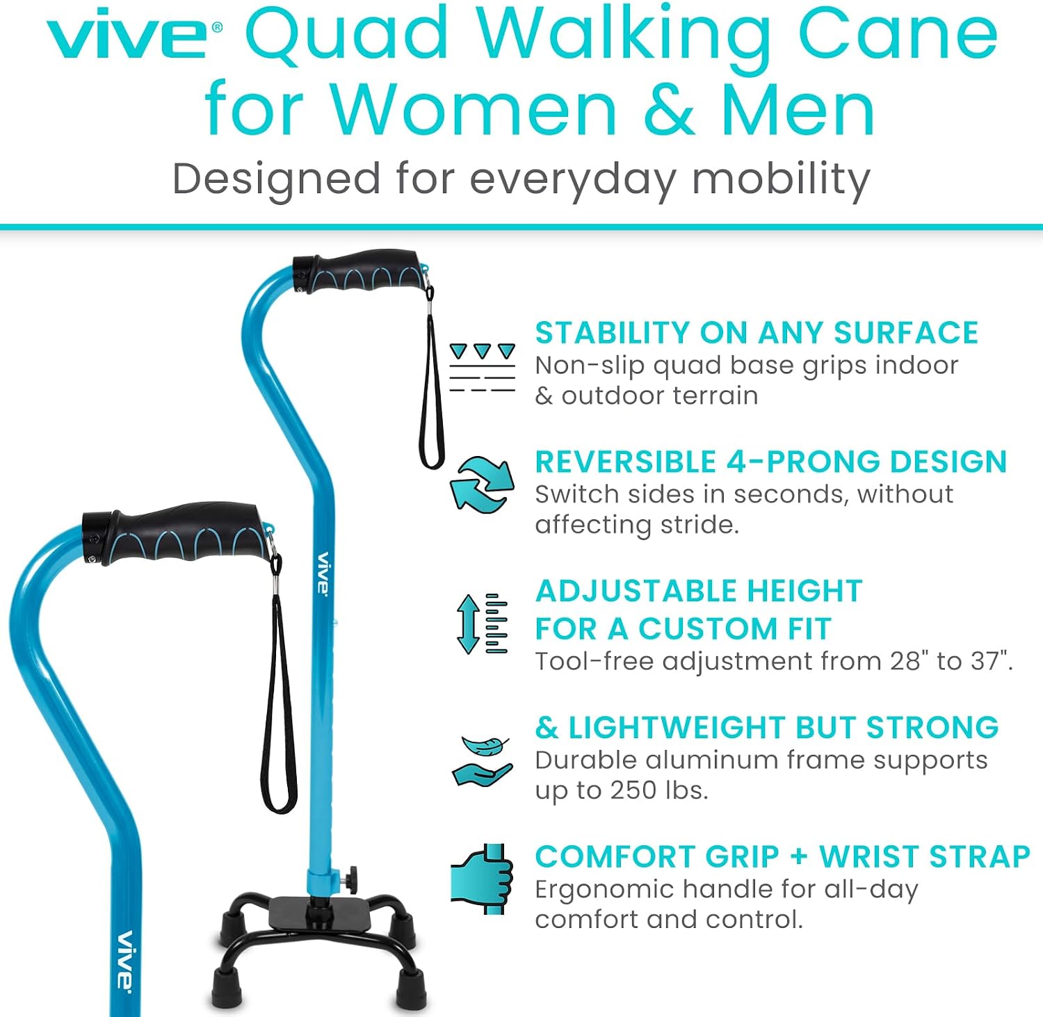 Vive Quad Cane - Walking Stick for Men and Women - Lightweight Adjustable Staff - Comfortable Right and Left Hand Grip for Stability Support - Four Prong Sturdy Aluminum Travel Aid - 4 Tip Blue | Senior 4 Prong Walking Stick for Stability & Balance- Righ…