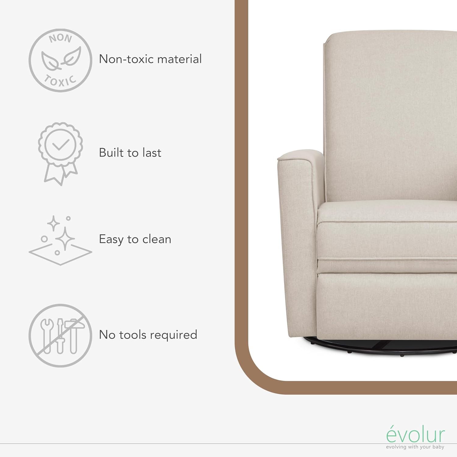évolur Harlow Upholstered Power Glider Recliner with USB Charging – Rocking & 275° Swivel with Smooth Glide – Greenguard Gold & FSC