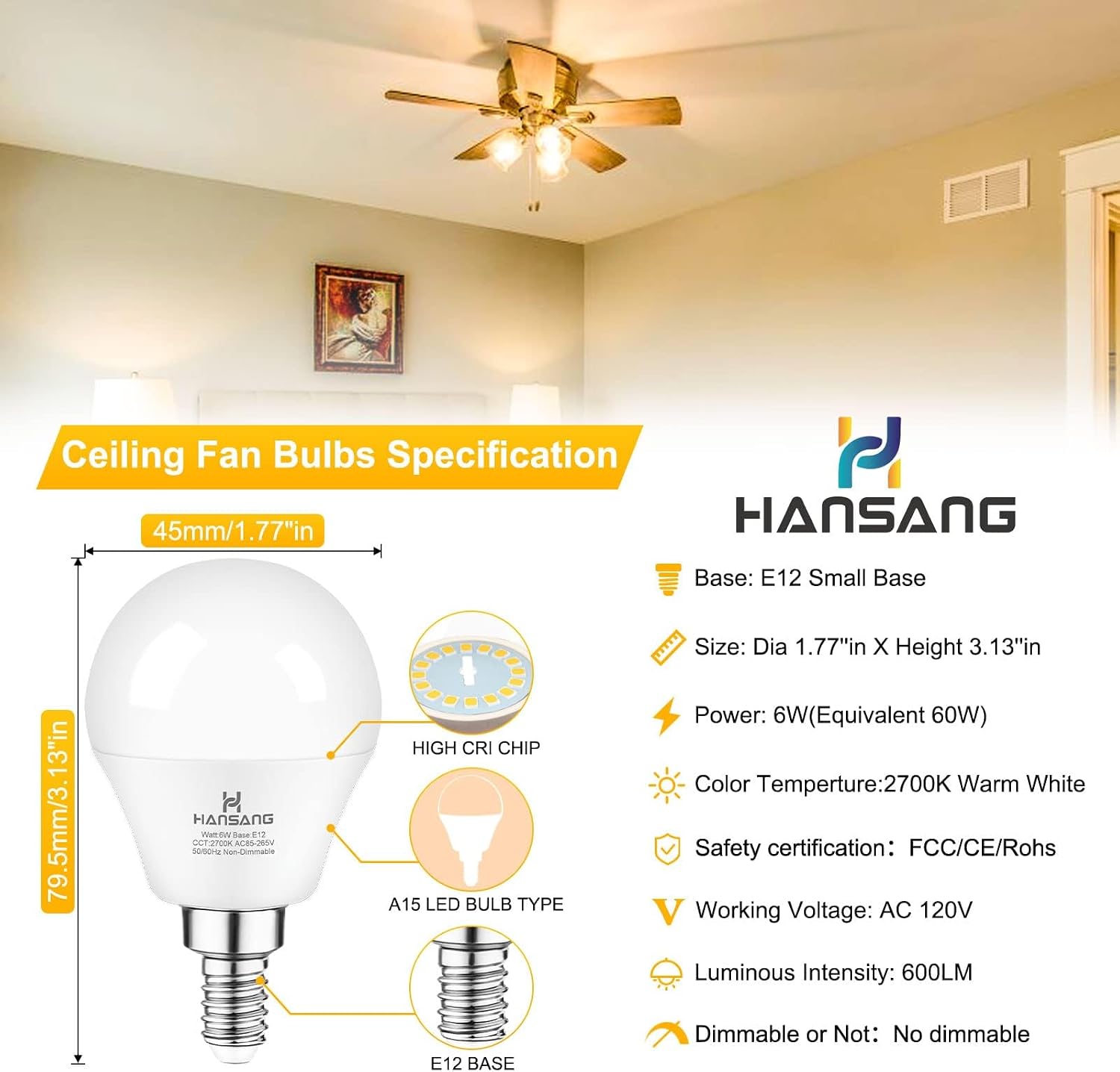 E12 LED Bulb 60W Equivalent Candelabra Light Bulbs 2700K Warm White | Small Base Light Bulb, 6W A15 LED Ceiling Fan Light Bulbs, CRI85+, 120V 600LM Round Bulb for Chandelier, Non-Dimmable 6 Pack