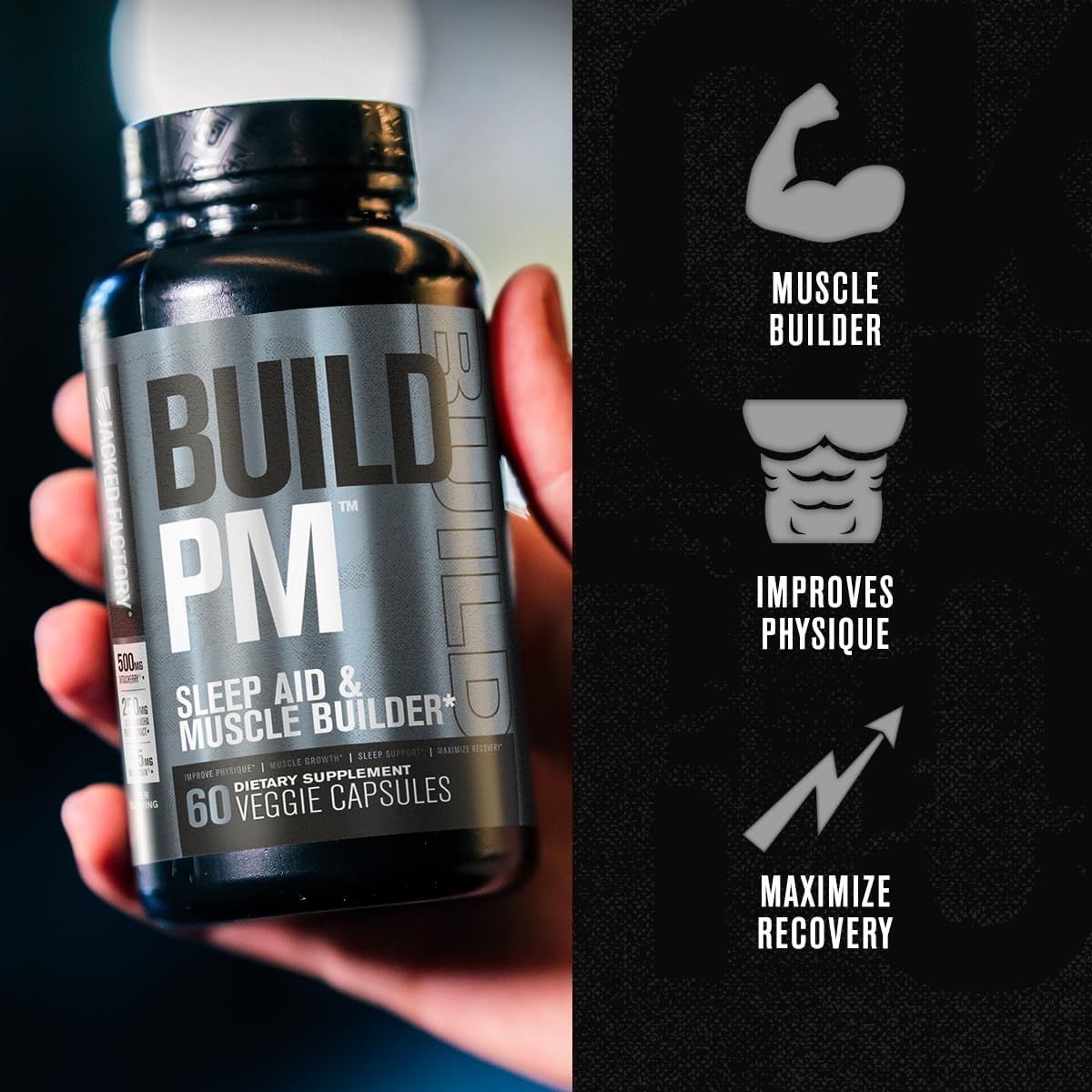 Jacked Factory Build PM Night Time Muscle Builder & Sleep Aid - Post Workout Recovery & Sleep Support Supplement w/VitaCherry Tart Cherry, Ashwagandha
