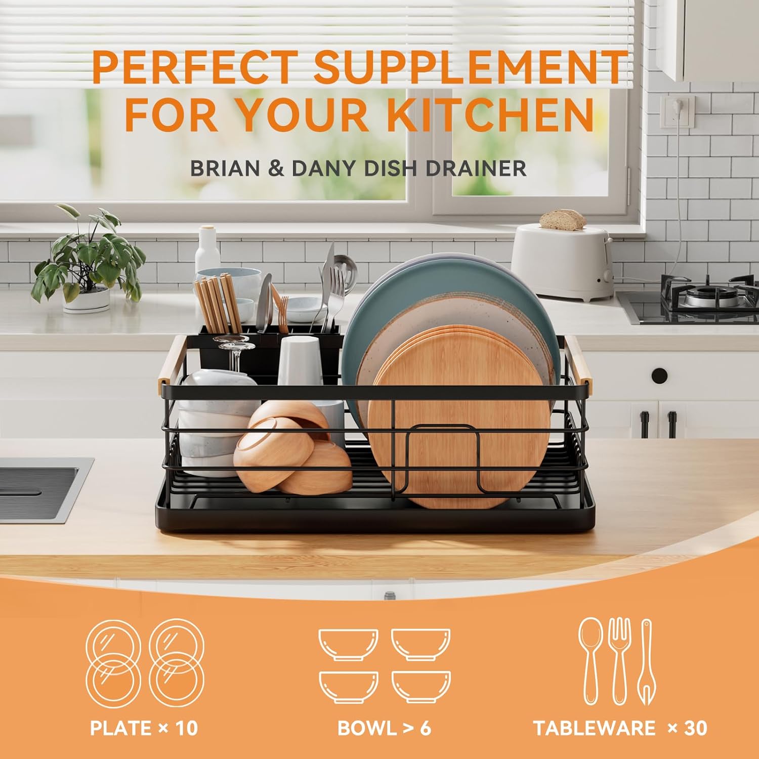 BRIAN & DANY Dish Drying Rack, Dish Racks for Kitchen Counter, Stainless Steel Dish Drainer with Removable Cutlery Holder & Drainboard, White
