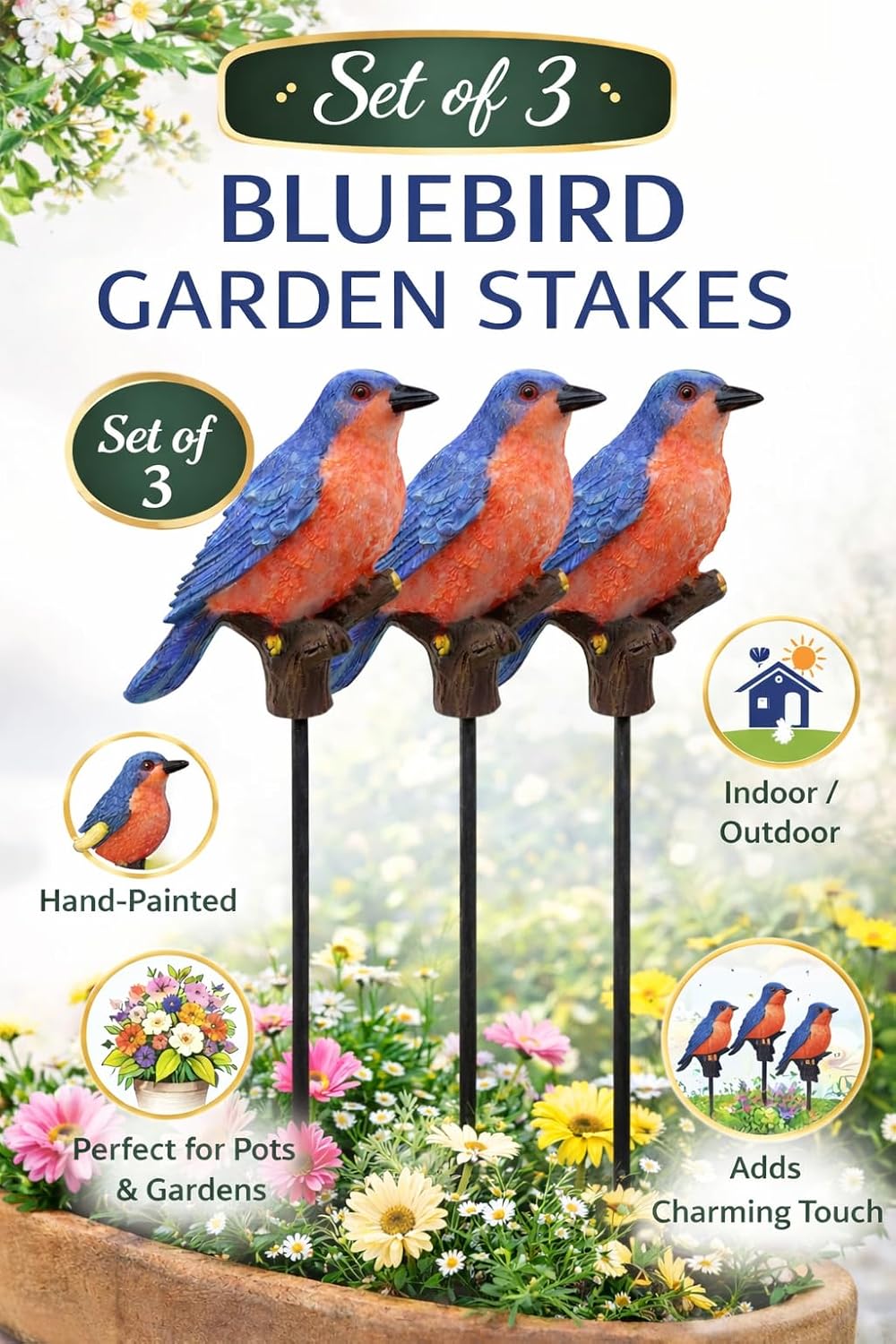 Bluebird Garden Stakes Set of 3 – Decorative Metal Yard & Plant Stakes – Bluebird Outdoor Décor for Flower Pots