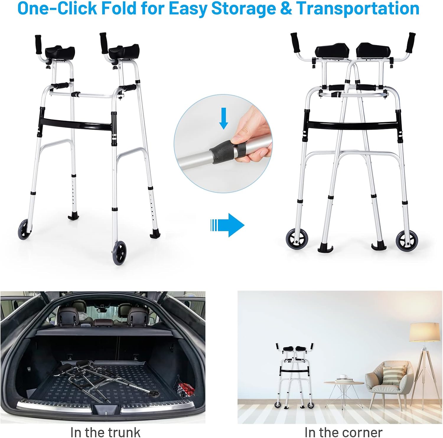 Goplus Walkers for Seniors, Foldable Standard Walker with 5’’ Wheels and Removable Padded Armrests 220lbs, Lightweight Walking Mobility Aid