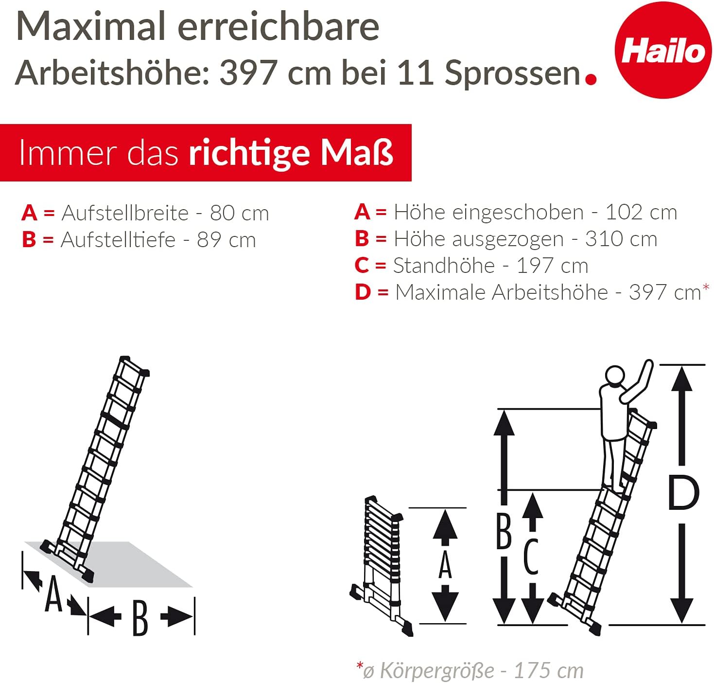 Hailo T80 FlexLine | Aluminum telescoping Ladder | 11 rungs | Height Adjustable up to 10.5FT | Single rungs can be Extended | Transport Belt