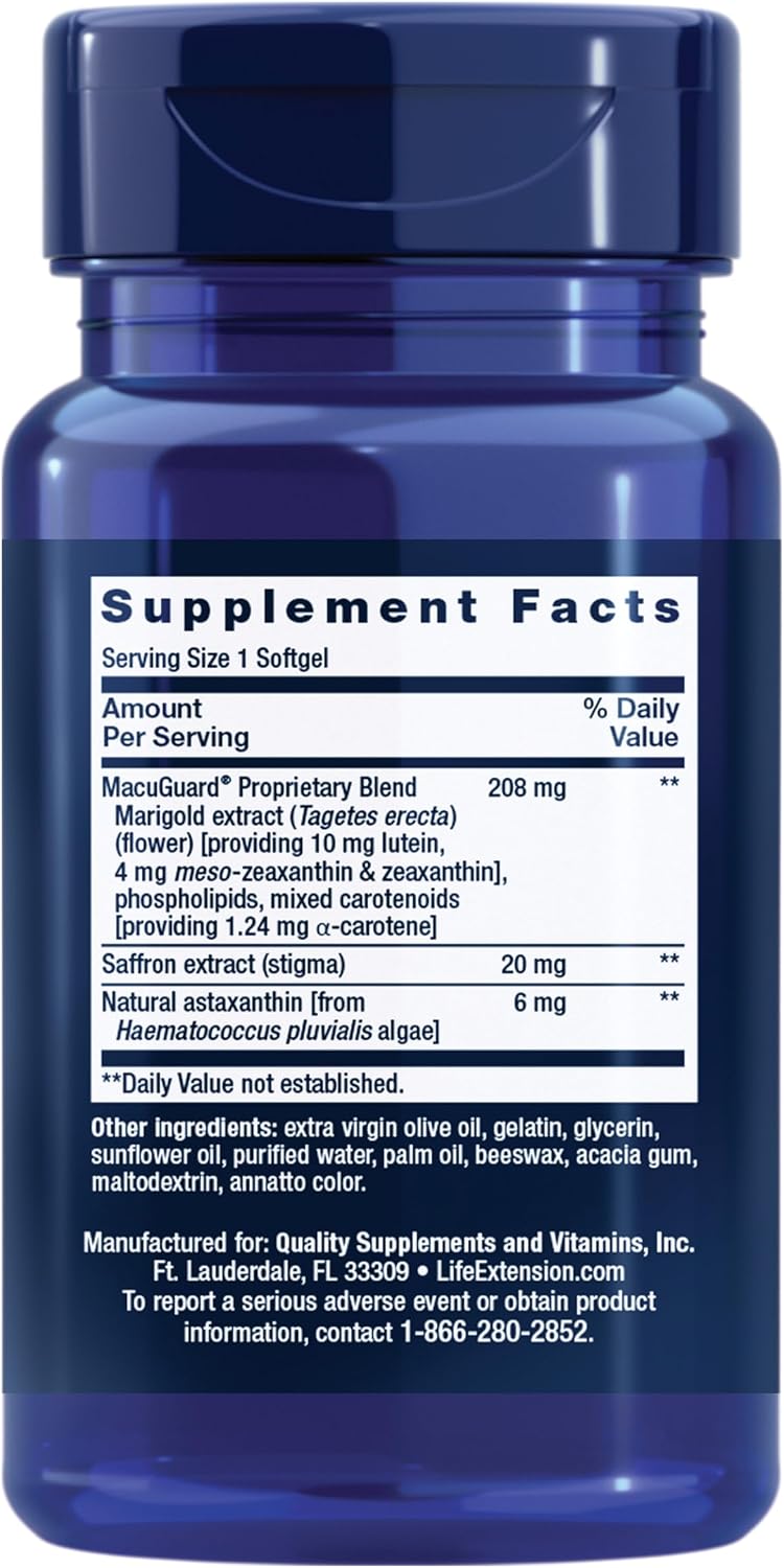 Life Extension MacuGuard Ocular Support with Saffron & Astaxanthin – Eye Health Supplement for Healthy Vision – with Lutein, zeaxanthin