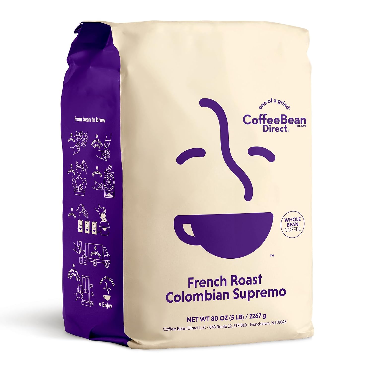 Coffee Bean Direct French Roast Colombian Supremo, Whole Bean, 1lb Bag | Dark Roast, Single Origin Arabica Coffee Beans