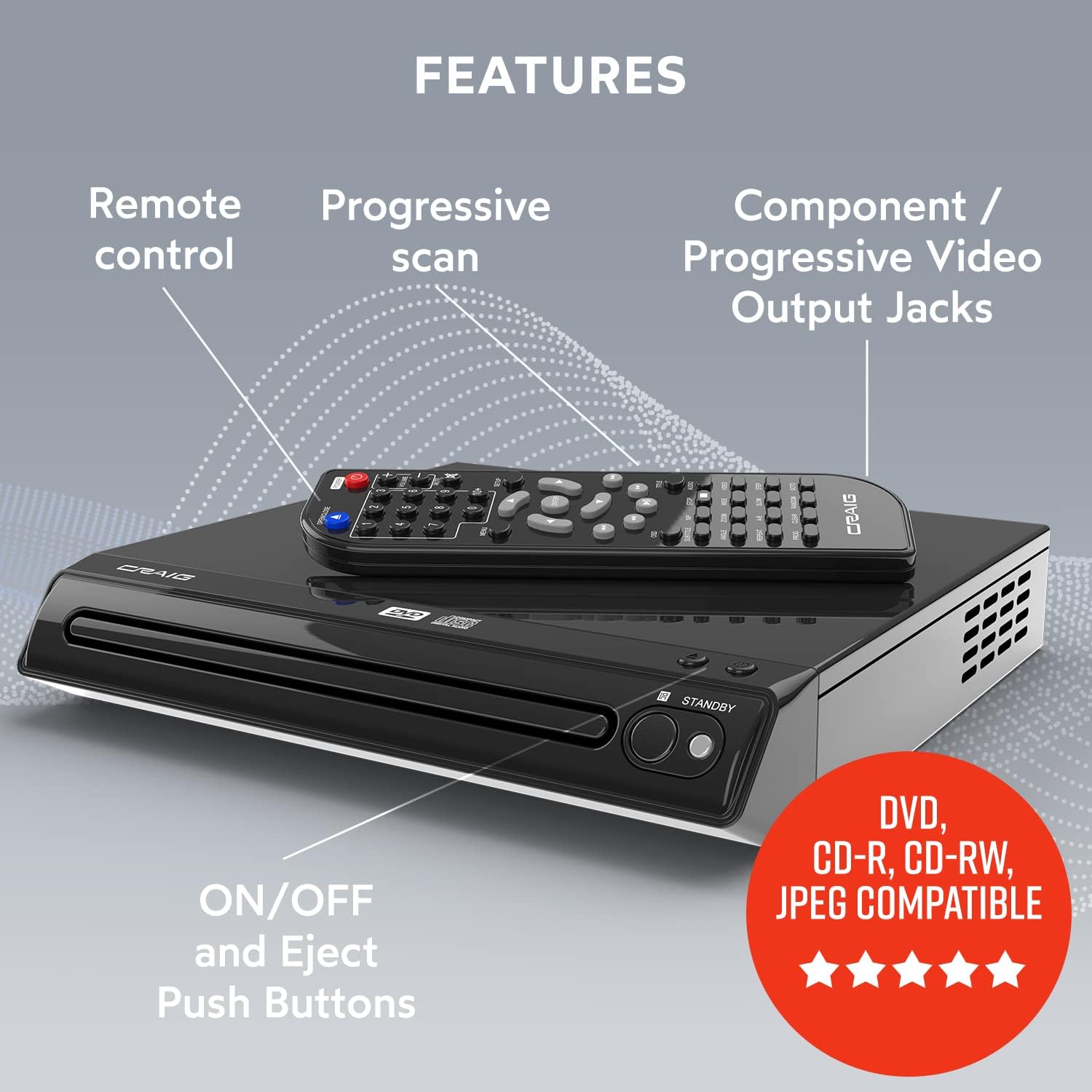 Craig CVD401A Compact HDMI DVD Player with Remote in Black | Compatible with DVD-R/DVD-RW/JPEG/CD-R/CD-R/CD | Progressive Scan | Up-Convert to 1080p |