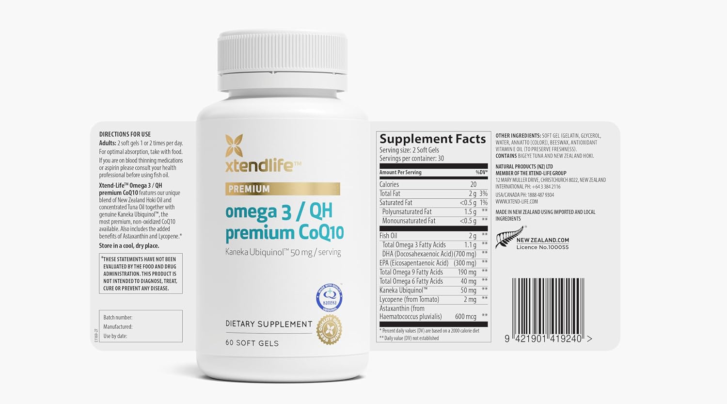 Xtendlife Omega‑3 Fish Oil + CoQ10 Supplement, 30 Day Supply | 1100mg DHA & EPA for Heart, Brain & Joint Support – with Ubiquinol CoQ10, Astaxanthin & Lycopene