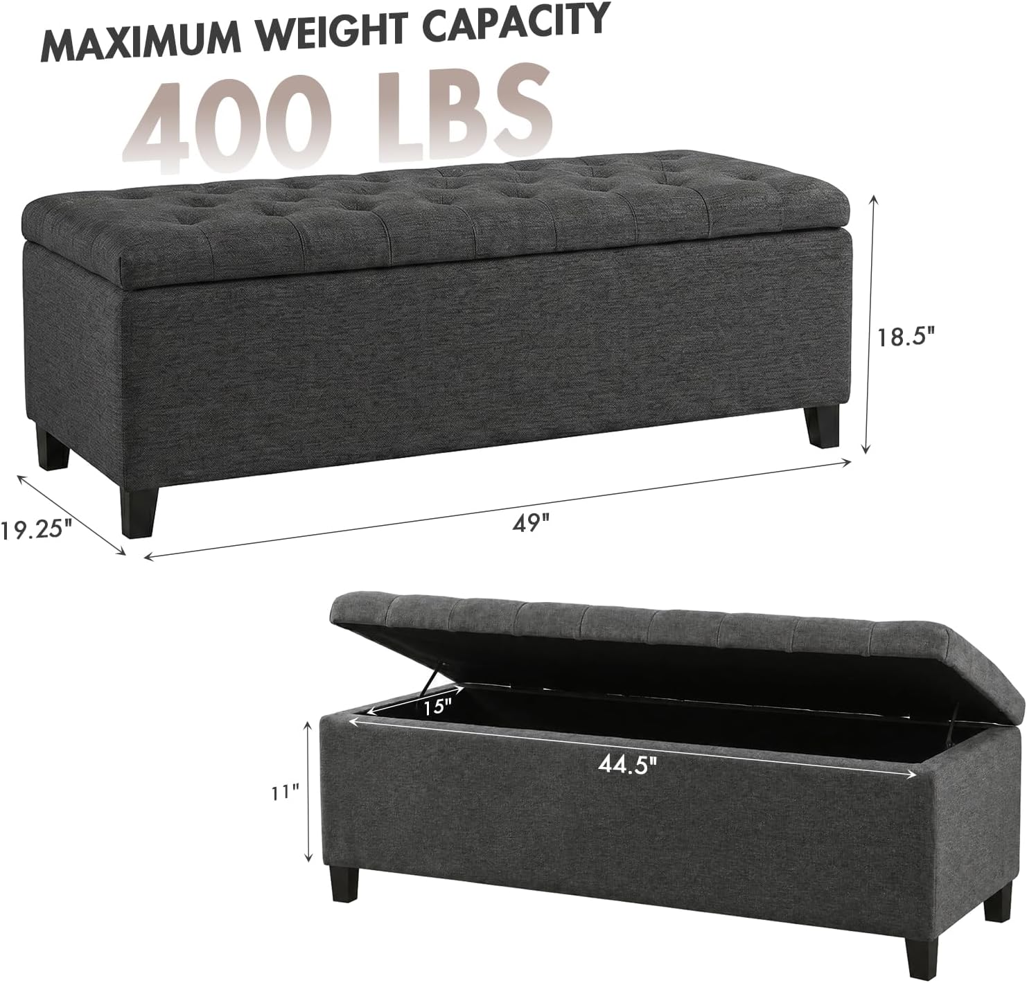 Madison Park 49" Upholstered Storage Bench, Button Tufted End of Bed Bench with Storage, Dual Spring Soft-Close Lid, Bedroom Bench for Queen King Bed, Entryway Living Room, Grey