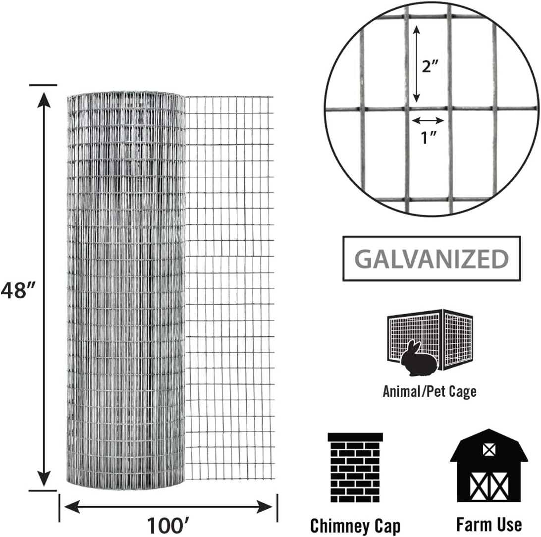 Garden Zone 36 Inches x 25 Feet - 1 x 2-Inch Openings, 14-Gauge - Galvanized Welded Wire Fencing - For Cages and Fencing for Rabbits, Gardens, Cattle Panels