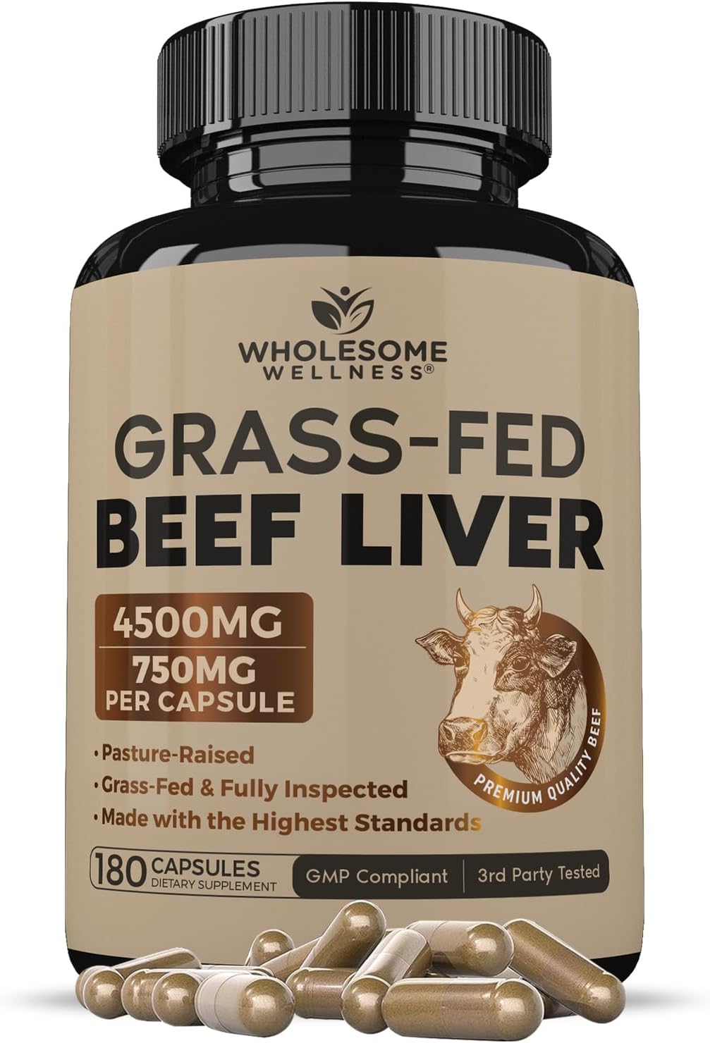 Wholesome Wellness Grass Fed Desiccated Beef Liver Capsules (180 Pills, 750mg Each) - Natural Iron, Vitamin A