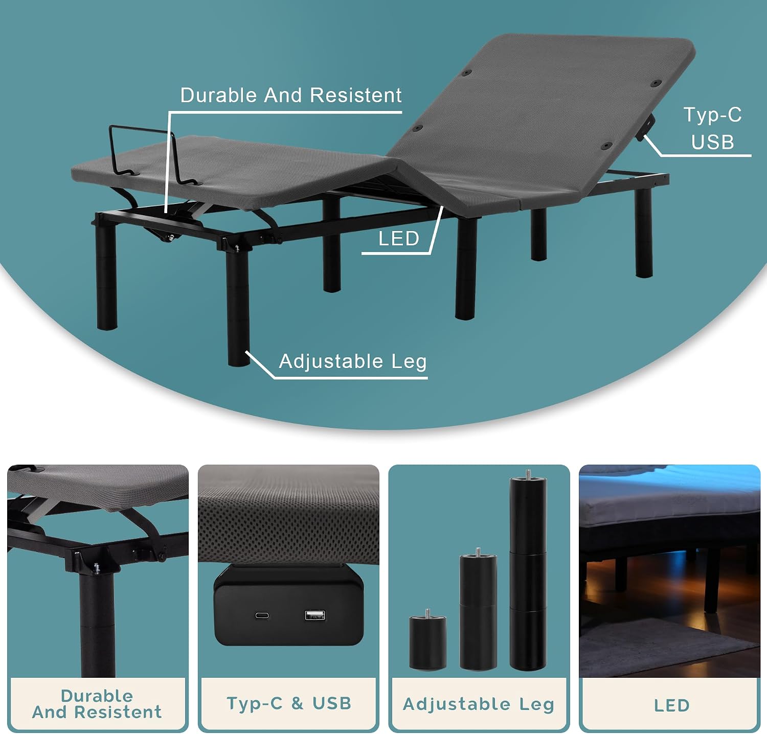 Fromann Adjustable Twin XL Bed Base Frame with Wireless Remote,USB Ports, Zero Gravity,Under Bed Led Lighting (Includes Synchronization Connector to King)