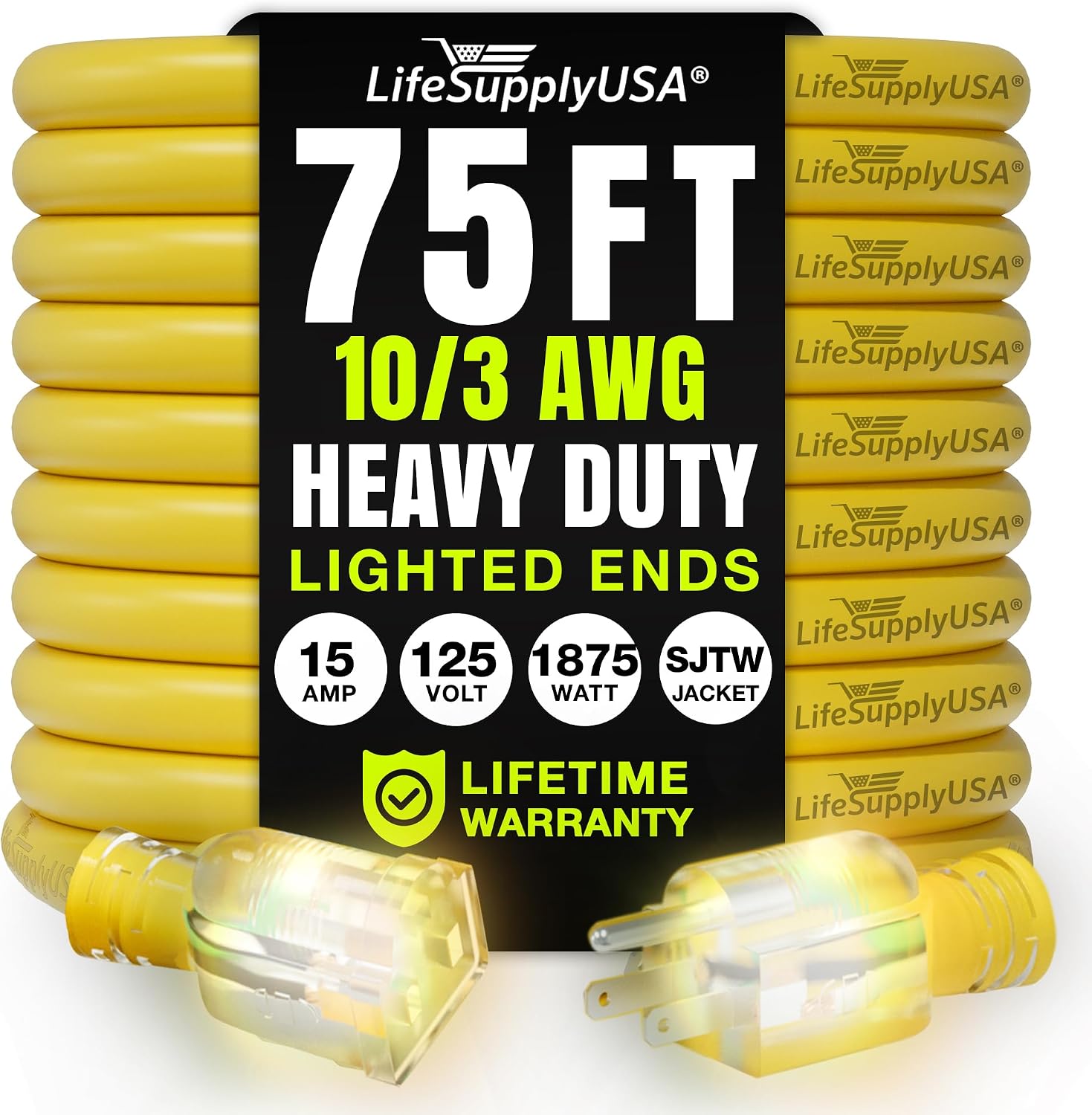 25ft Outdoor/Indoor Extension Cord 12/3 Gauge Extra Heavy Duty 3 Prong SJTW, Waterproof, Flexible Cold-Resistant Long Power Cord,15A 125V 1875W, Yellow by LifeSupplyUSA