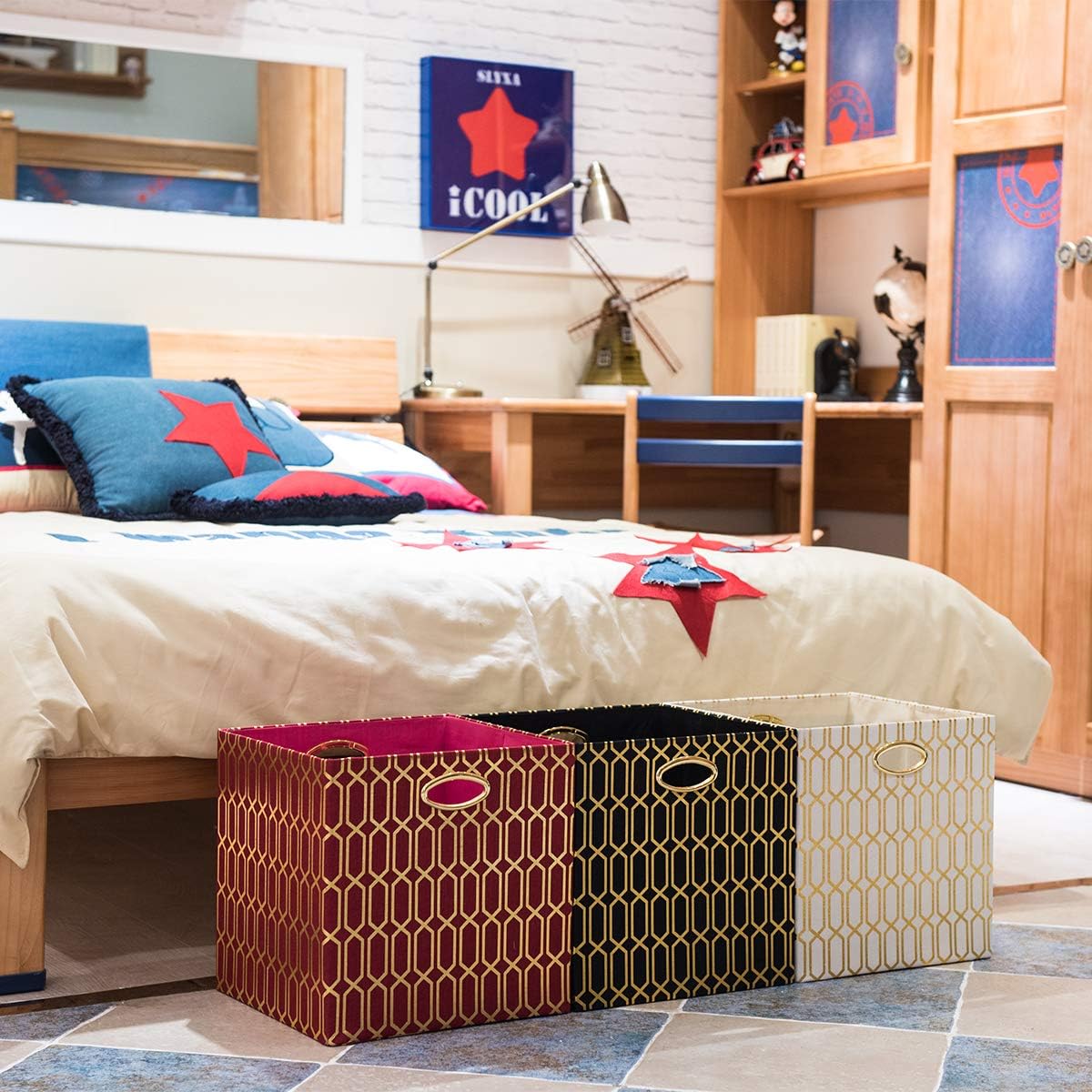 Posprica Storage Bins, Storage Cubes,13×13 Fabric Drawers Organizer Basket Boxes Containers (13×13×13/4pcs, Cream/gold geometry Pattern)