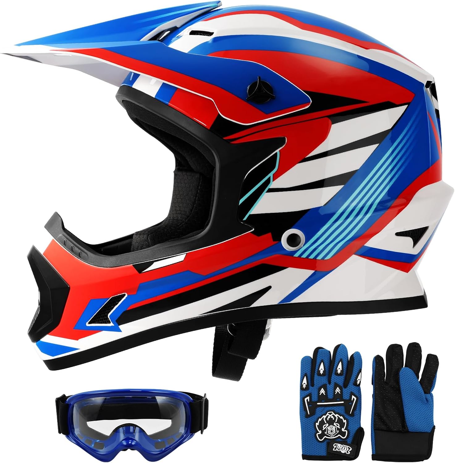 SLMOTO ATV Helmets for Kids Youth DOT Motocross Offroad Street Helmet Motorcycle Blue Helmet Dirt Bike Motocross Helmet+Goggles+Gloves