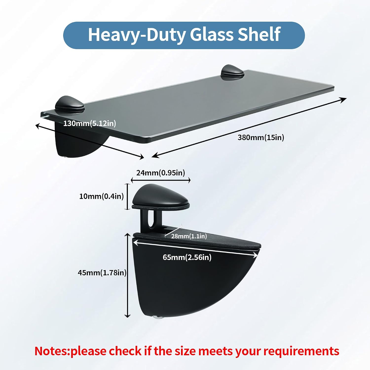 Alise Bathroom Glass Shelf, 15 Inch Floating Shelves for Wall, Matte Black