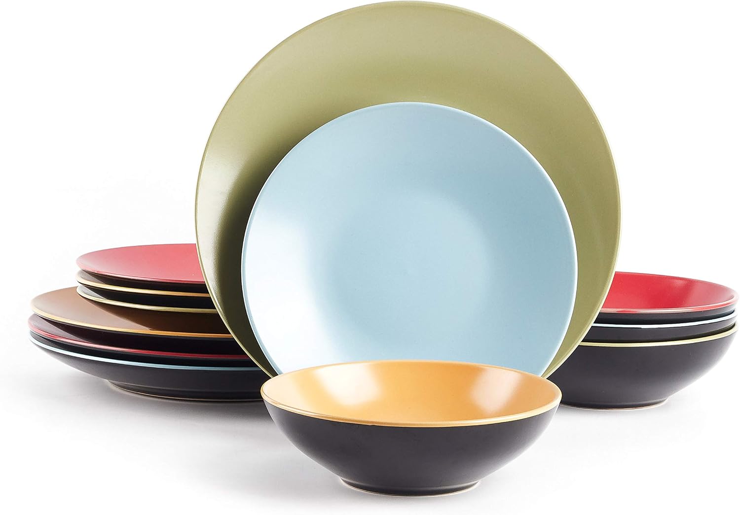 Stoneware Two-Tone Colors Life 16pc Dinner Set，Outside Shiny Black + Inside Matte Glaze Olive