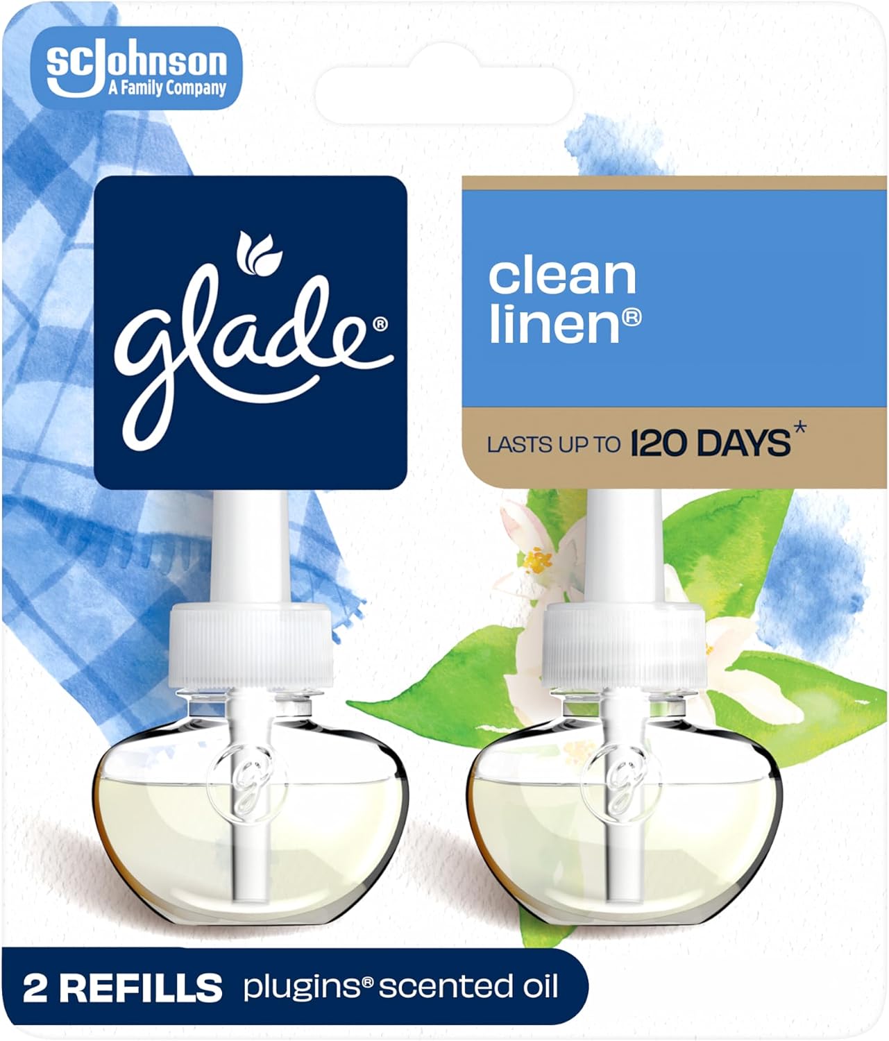 Glade PlugIns Refills Air Freshener, Scented and Essential Oils for Home and Bathroom, Clean Linen, 1.34 Fl Oz, 2 Count