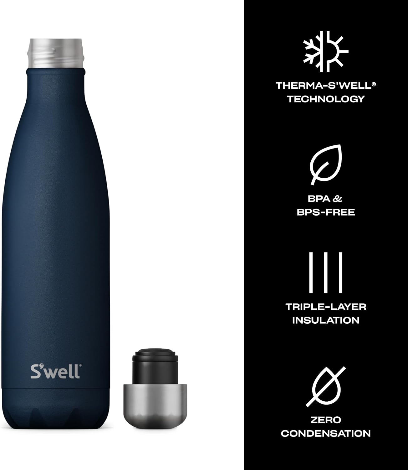 S'well Stainless Steel Water Bottle, 17oz, Blue Suede, Triple-Layered Vacuum Insulated Containers Keeps Drinks Cold for 36 Hours and Hot for 18, BPA Free, Perfect for On the Go