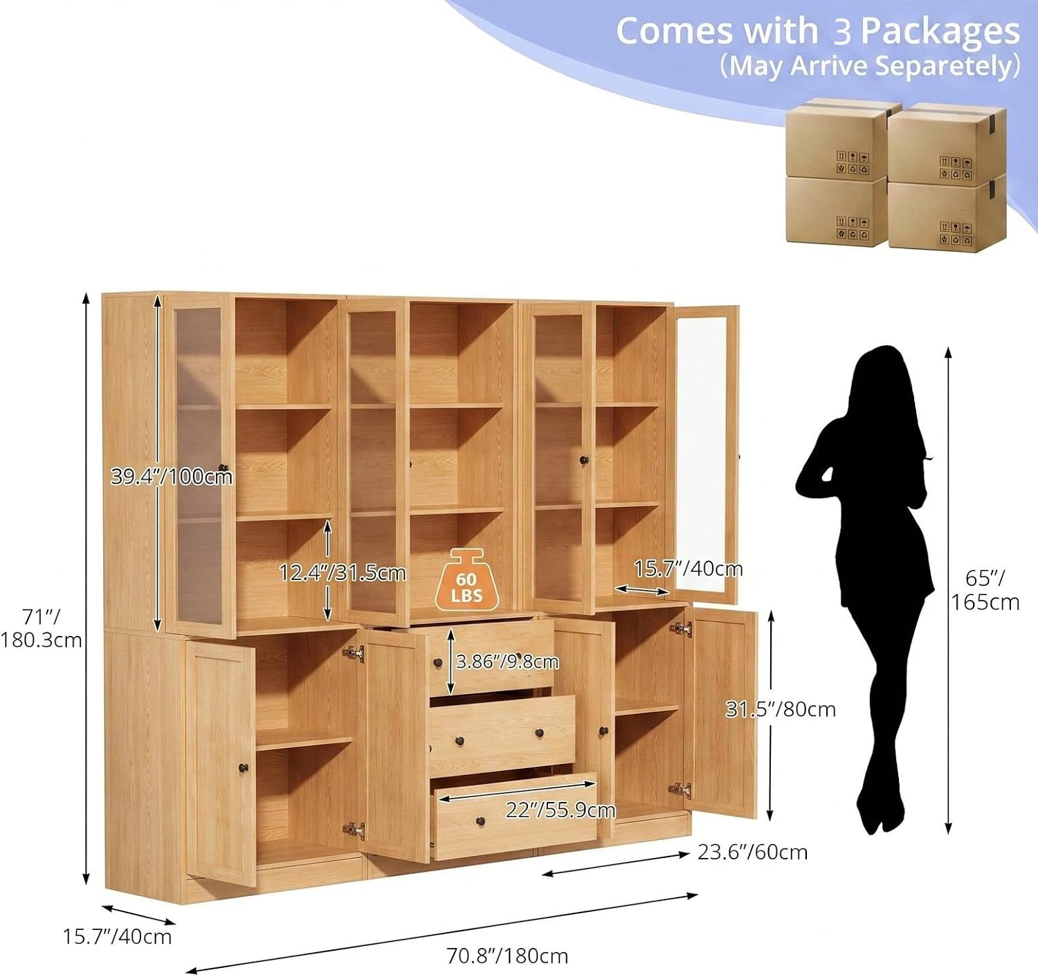TUSY 71" H Bookcase with Storage | 6-Tier Modern Bookshelf with Drawers, Display Bookcase with Glass Doors, White Curio Cabinet for Home Office, Living Room