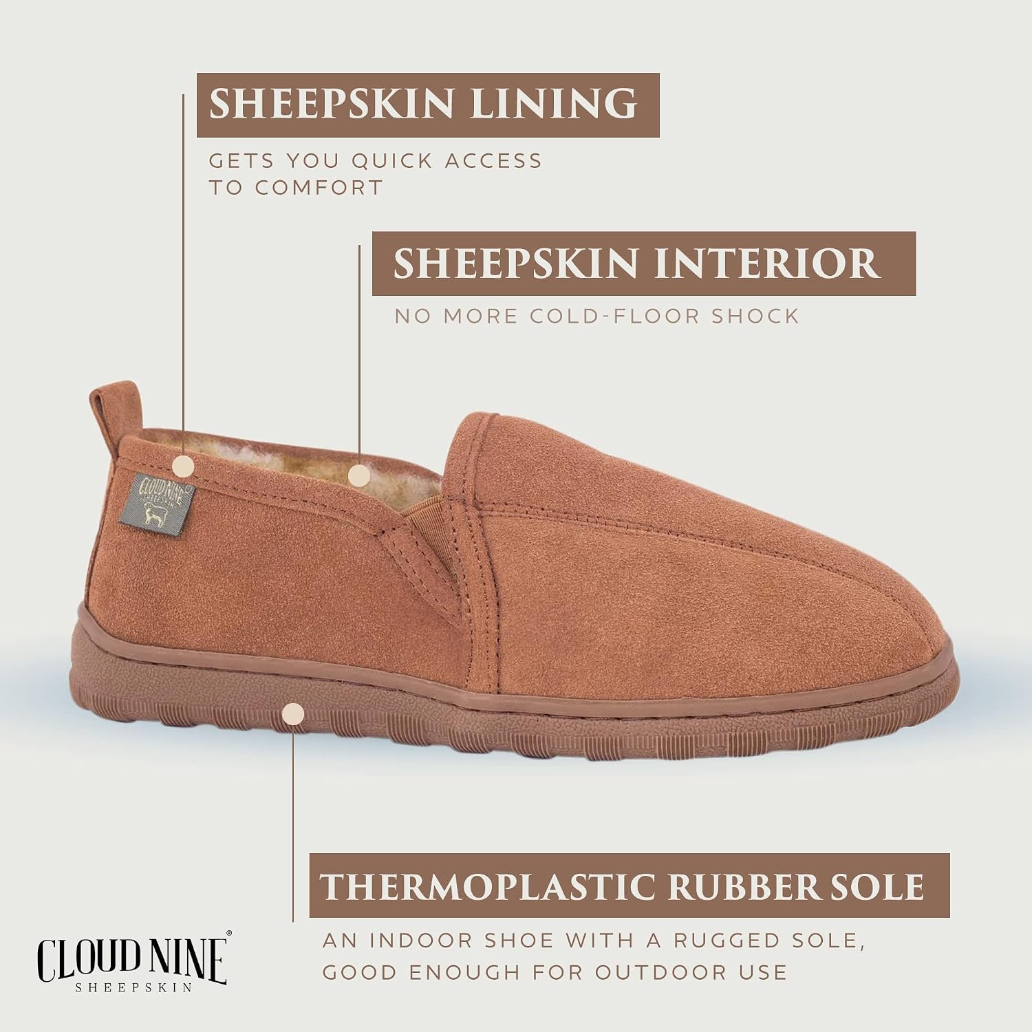 Cloud Nine Men's Romeo Sheepskin Slippers with Suede Upper | 100% sheepskin lining, suede leather, TPR sole, slip-on design, breathable warmth, indoor/outdoor versatility
