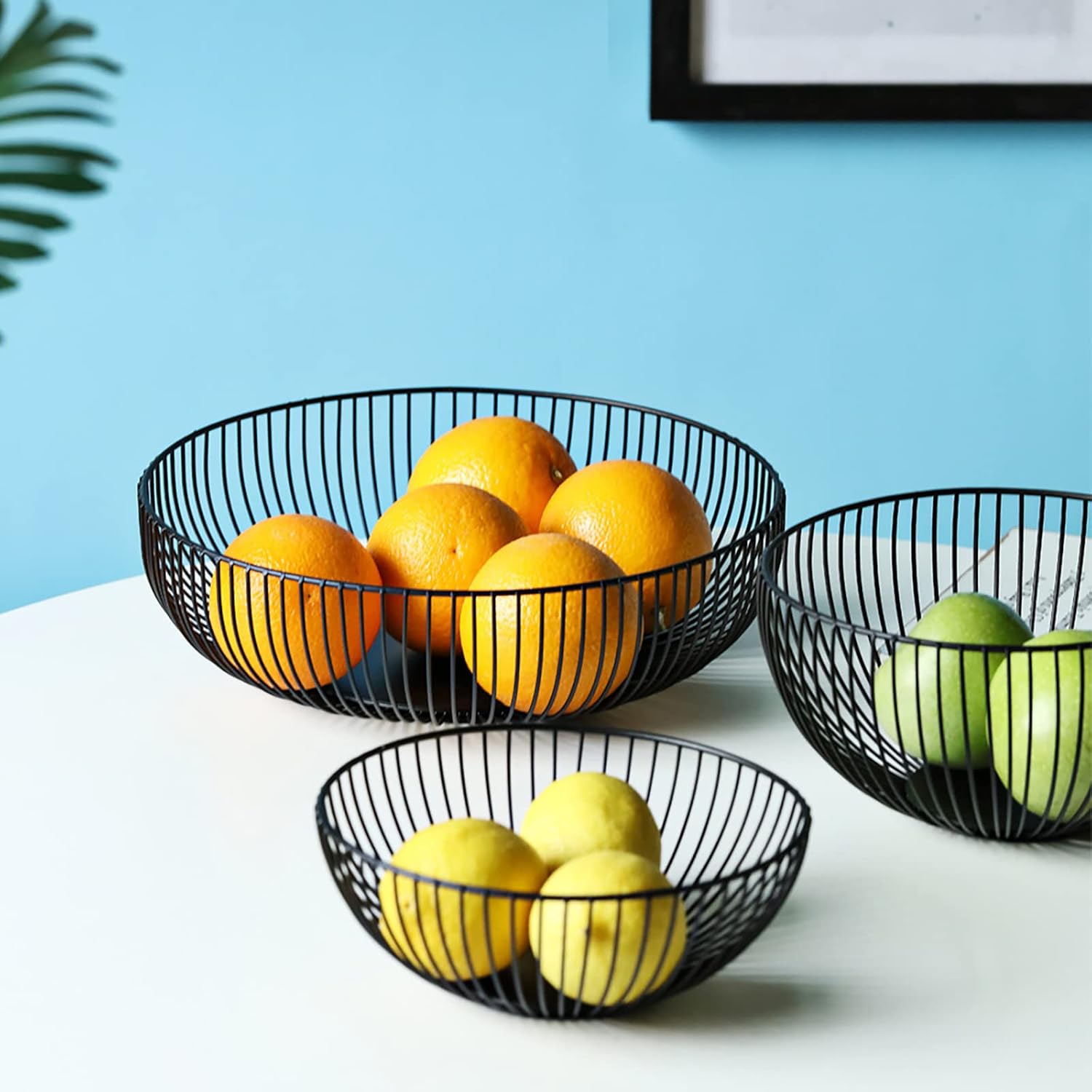 Yesland 2 Pack Metal Wire Fruit Basket- 11 Inches Black Kitchen Countertop Fruit Bowl Vegetable Holder for Bread, Snacks
