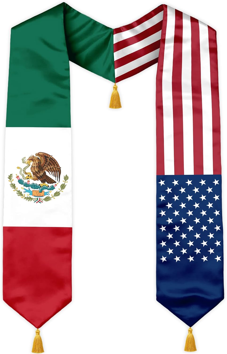 Class of 2026 Dual Flag Graduation Stole with Gold Tassels, Half and Half Country Flag Satin Sash, V-Neck