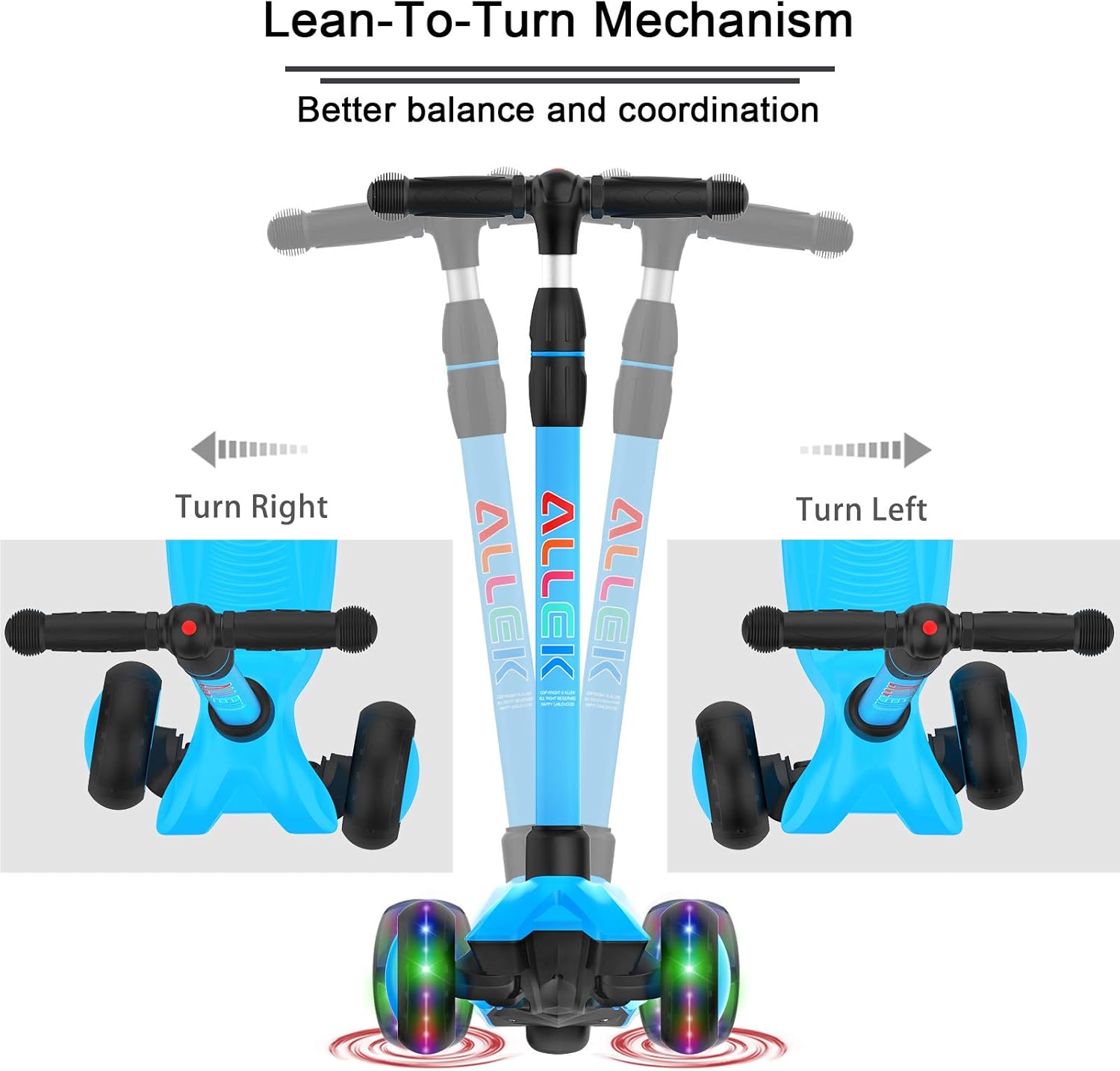 Allek Kick Scooter B03, Lean 'N Glide 3-Wheeled Push Scooter with Extra Wide PU Light-Up Wheels