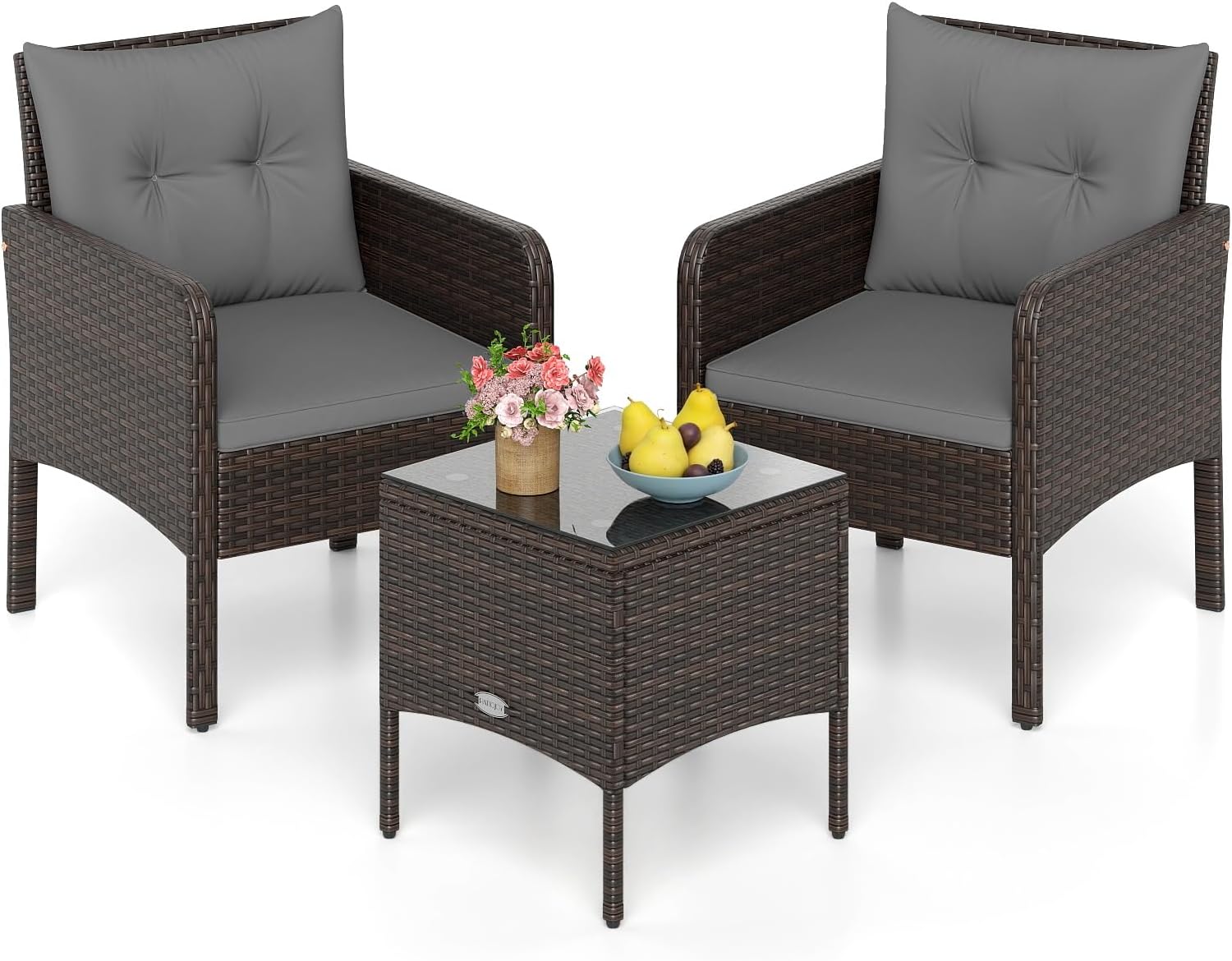 Tangkula 3 Piece Outdoor Patio Furniture Set, Wicker Chairs Set with Glass Top Coffee Table, Thick Cushions