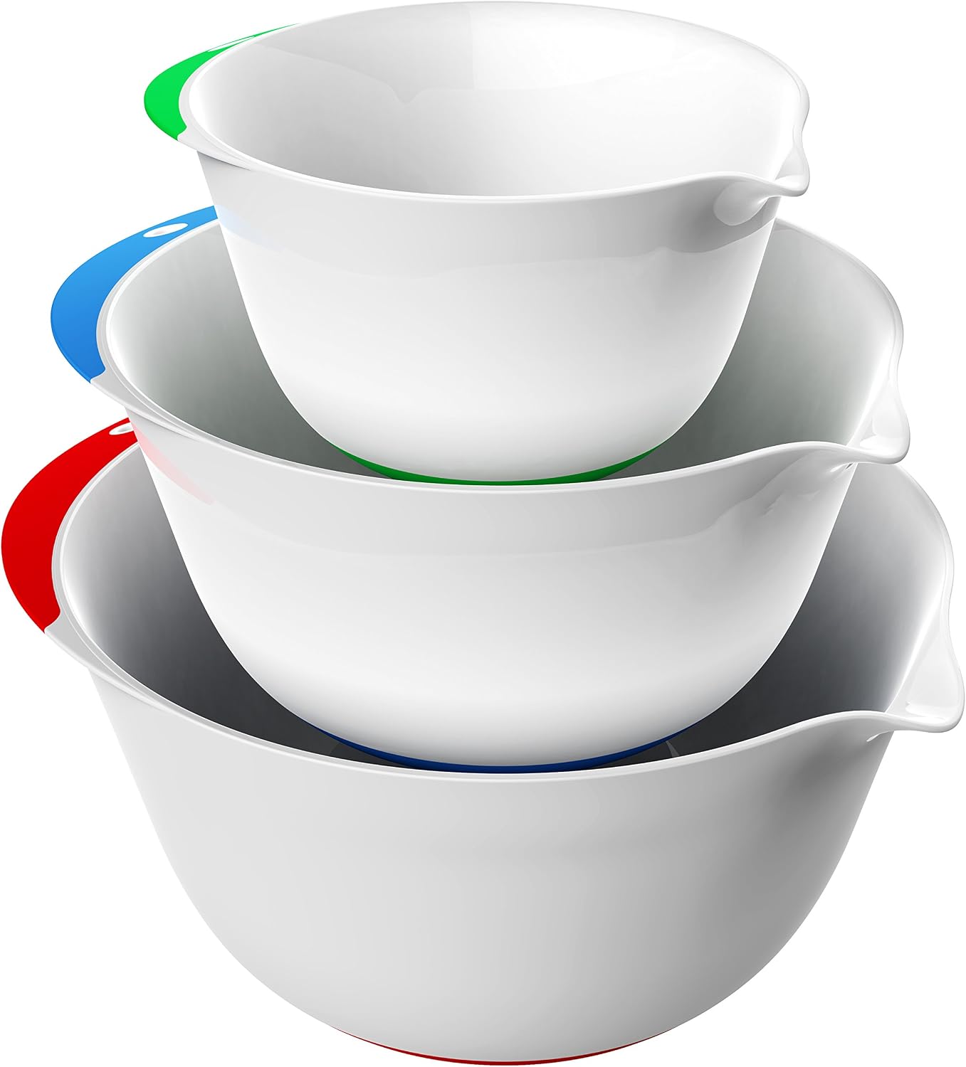 Vremi 3 Piece Plastic Mixing Bowl Set - Nesting Mixing Bowls with Rubber Grip Handles Easy Pour Spout and Non Slip Bottom - Three Sizes Small Large