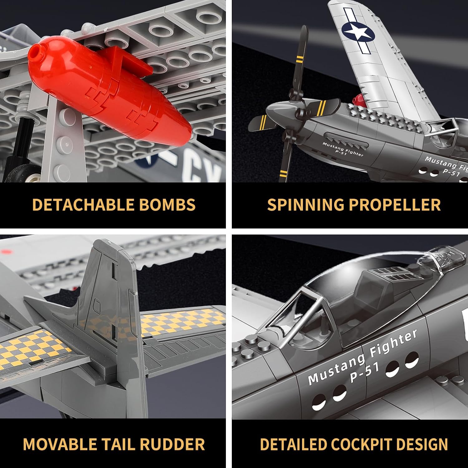 P51 Mustang Fighter Jet Building Set, Compatible with Lego Military Plane | WWII Aircraft Model, Classic Fighter Plane Display Set for Adults